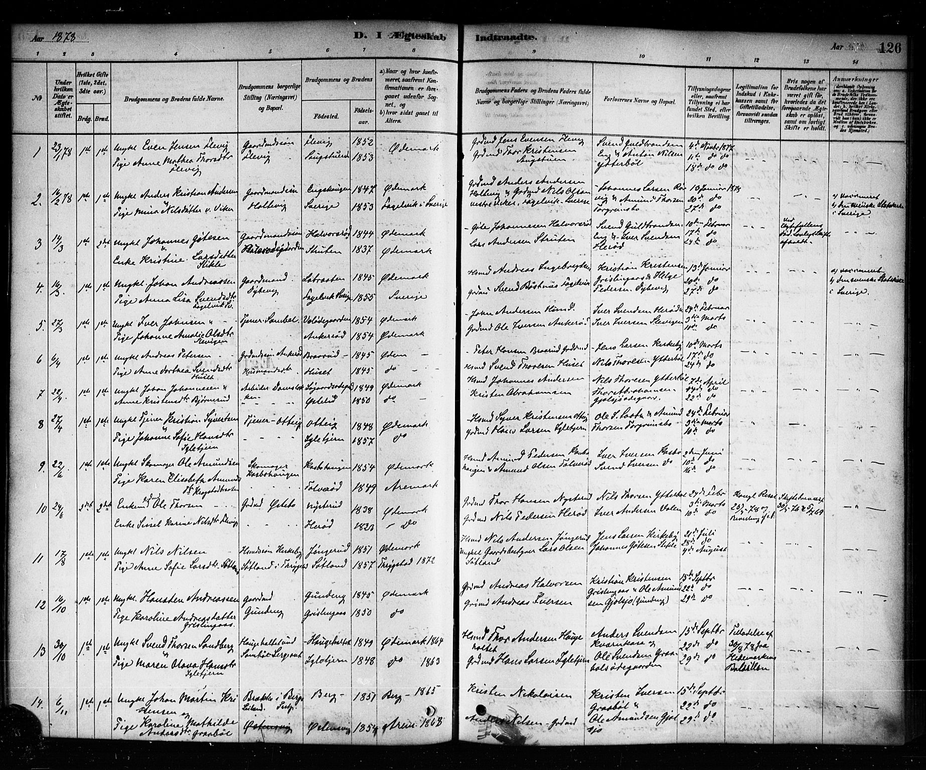 Aremark prestekontor Kirkebøker, SAO/A-10899/F/Fb/L0004: Parish register (official) no. II 4, 1878-1895, p. 126