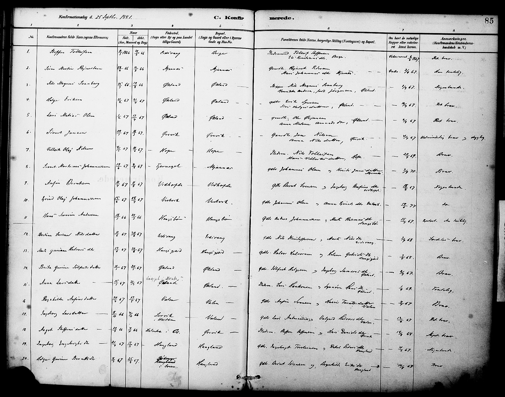 Sveio Sokneprestembete, SAB/A-78501/H/Haa: Parish register (official) no. C 2, 1881-1899, p. 85