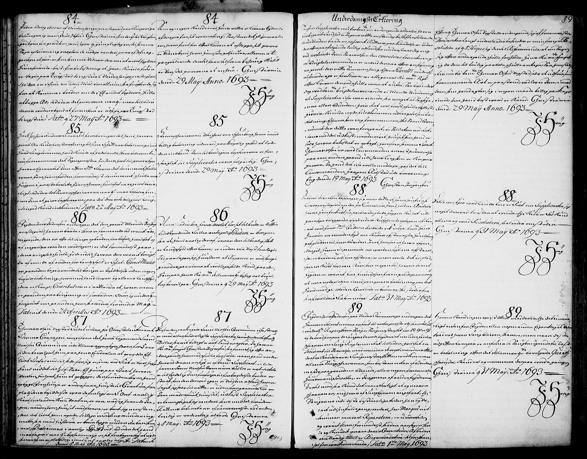Stattholderembetet 1572-1771, RA/EA-2870/Ad/L0005: Supplikasjons- og resolusjonsprotokoll, 1692-1699, p. 88b-89a