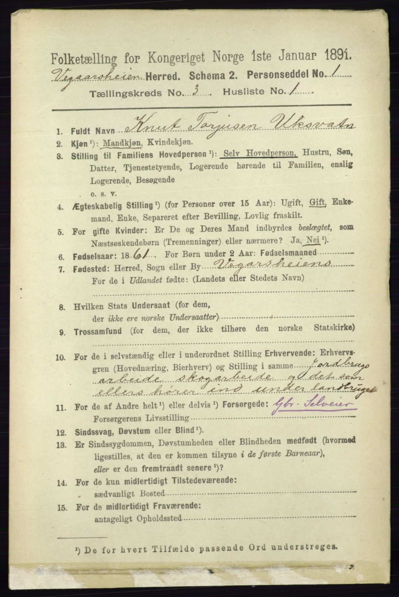 RA, 1891 census for 0912 Vegårshei, 1891, p. 619