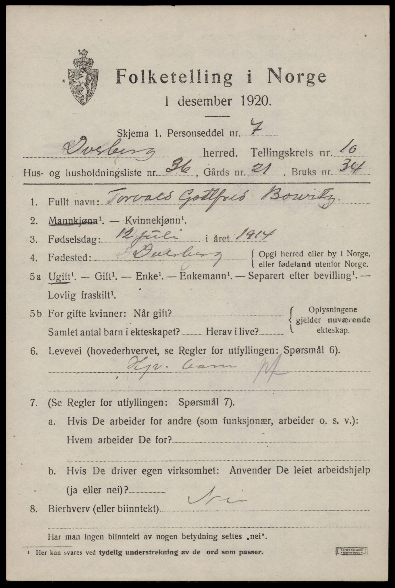 SAT, 1920 census for Dverberg, 1920, p. 8768