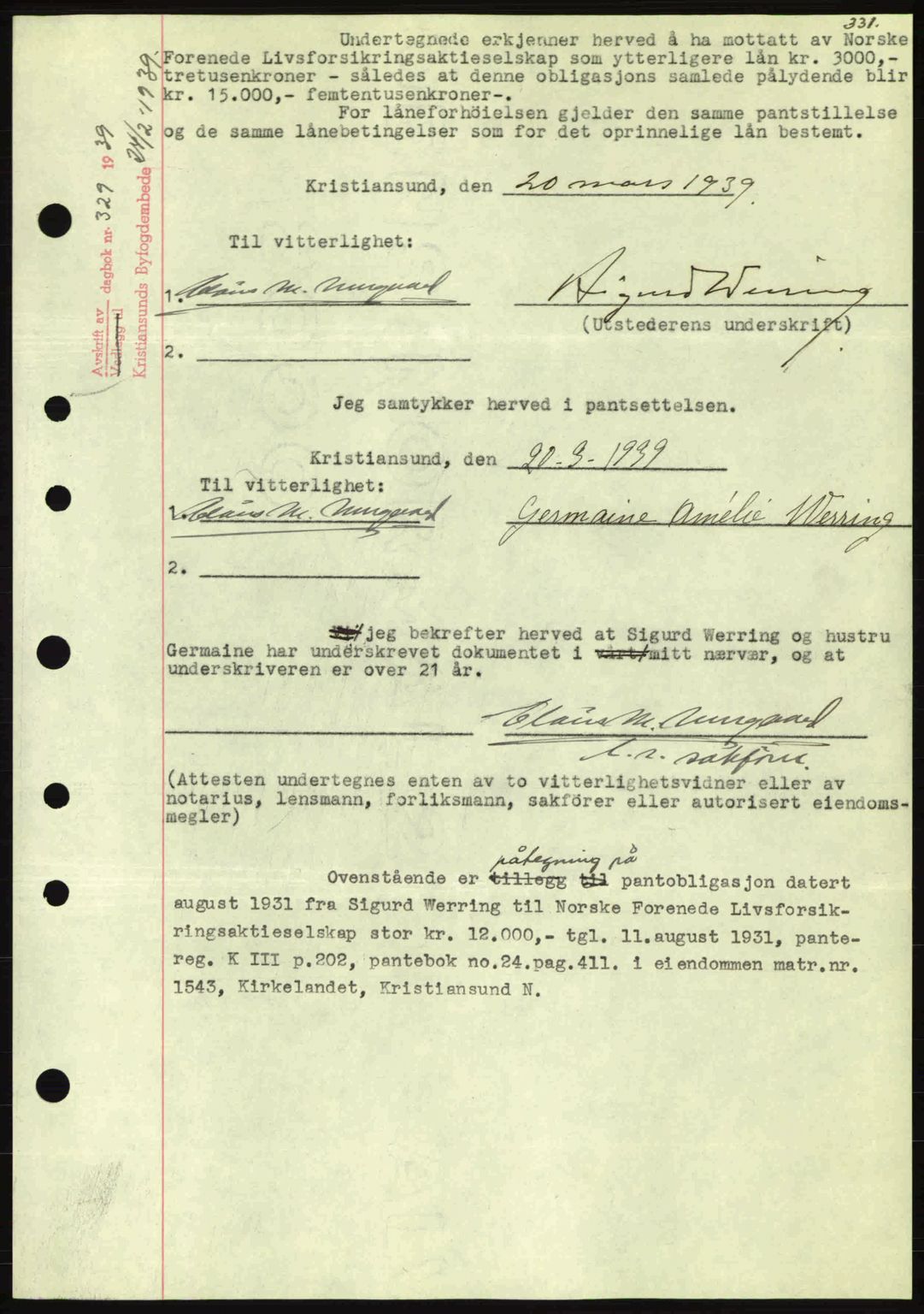 Kristiansund byfogd, SAT/A-4587/A/27: Mortgage book no. 31, 1938-1939, Diary no: : 329/1939