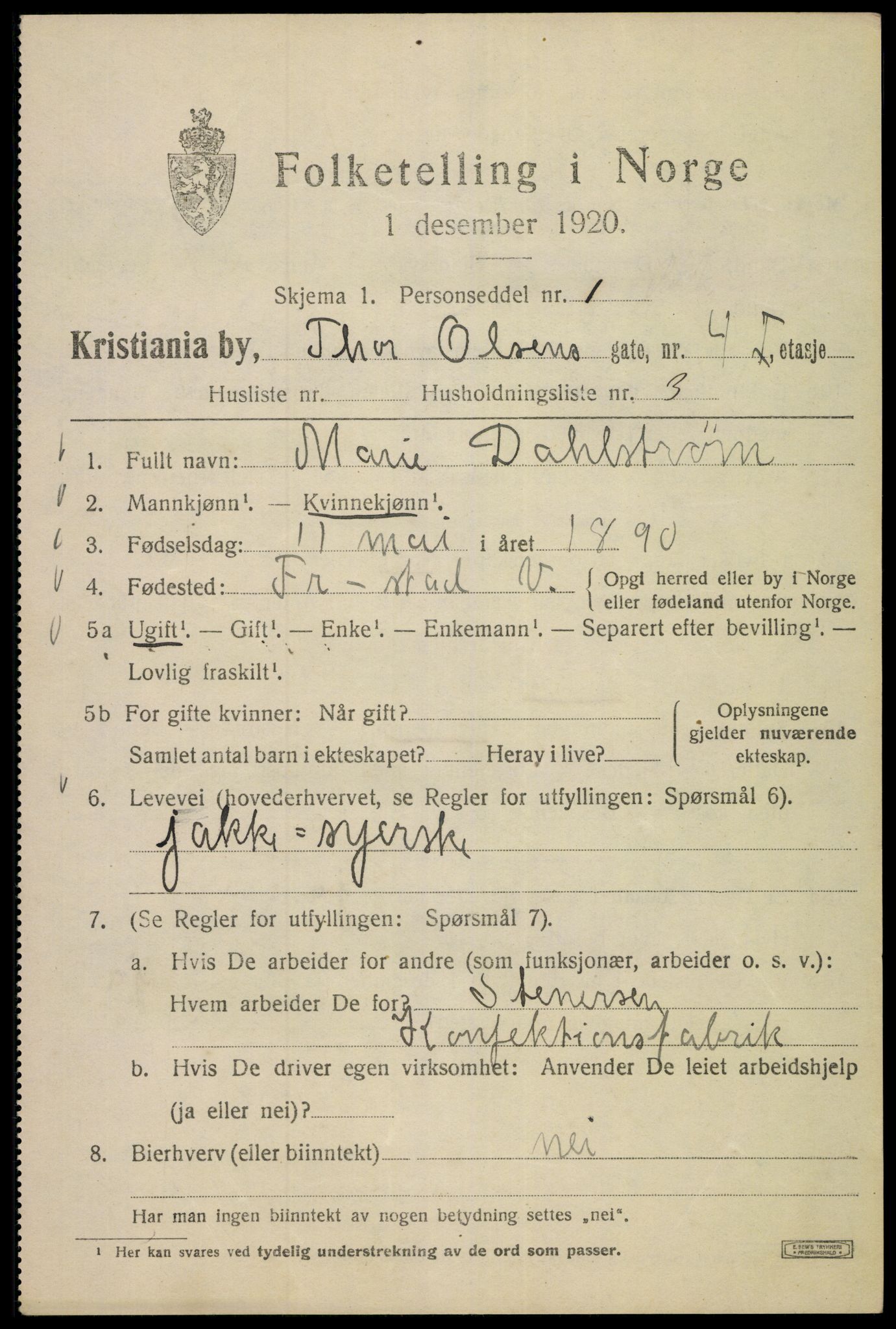 SAO, 1920 census for Kristiania, 1920, p. 573407