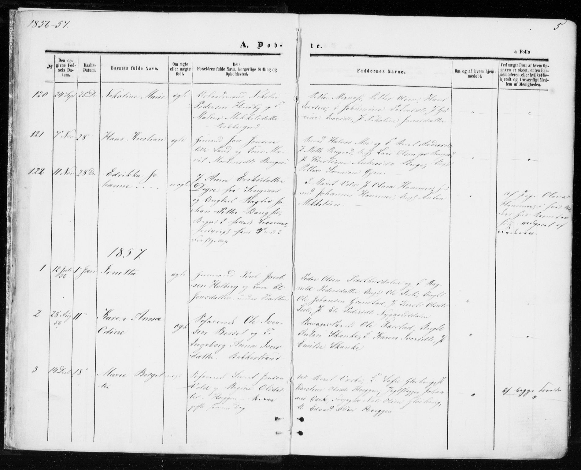 Ministerialprotokoller, klokkerbøker og fødselsregistre - Sør-Trøndelag, SAT/A-1456/606/L0292: Parish register (official) no. 606A07, 1856-1865, p. 5