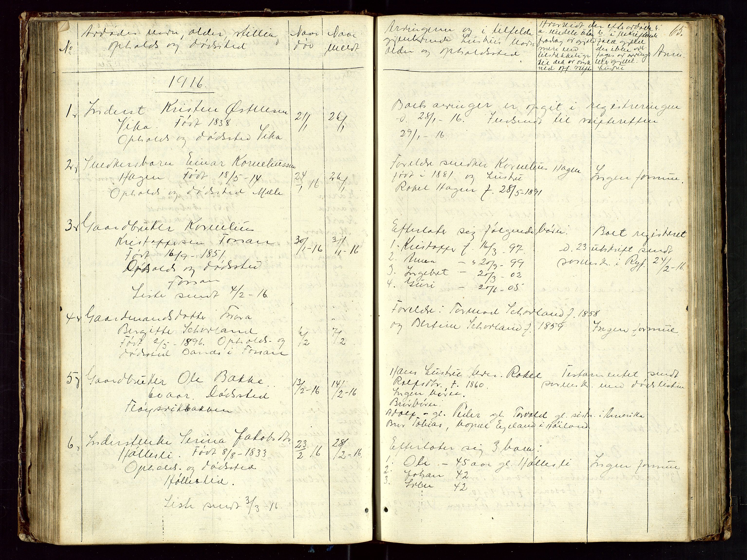Høle og Forsand lensmannskontor, AV/SAST-A-100127/Gga/L0002: "Dødsanmeldelsesprotokol", 1903-1919, p. 65
