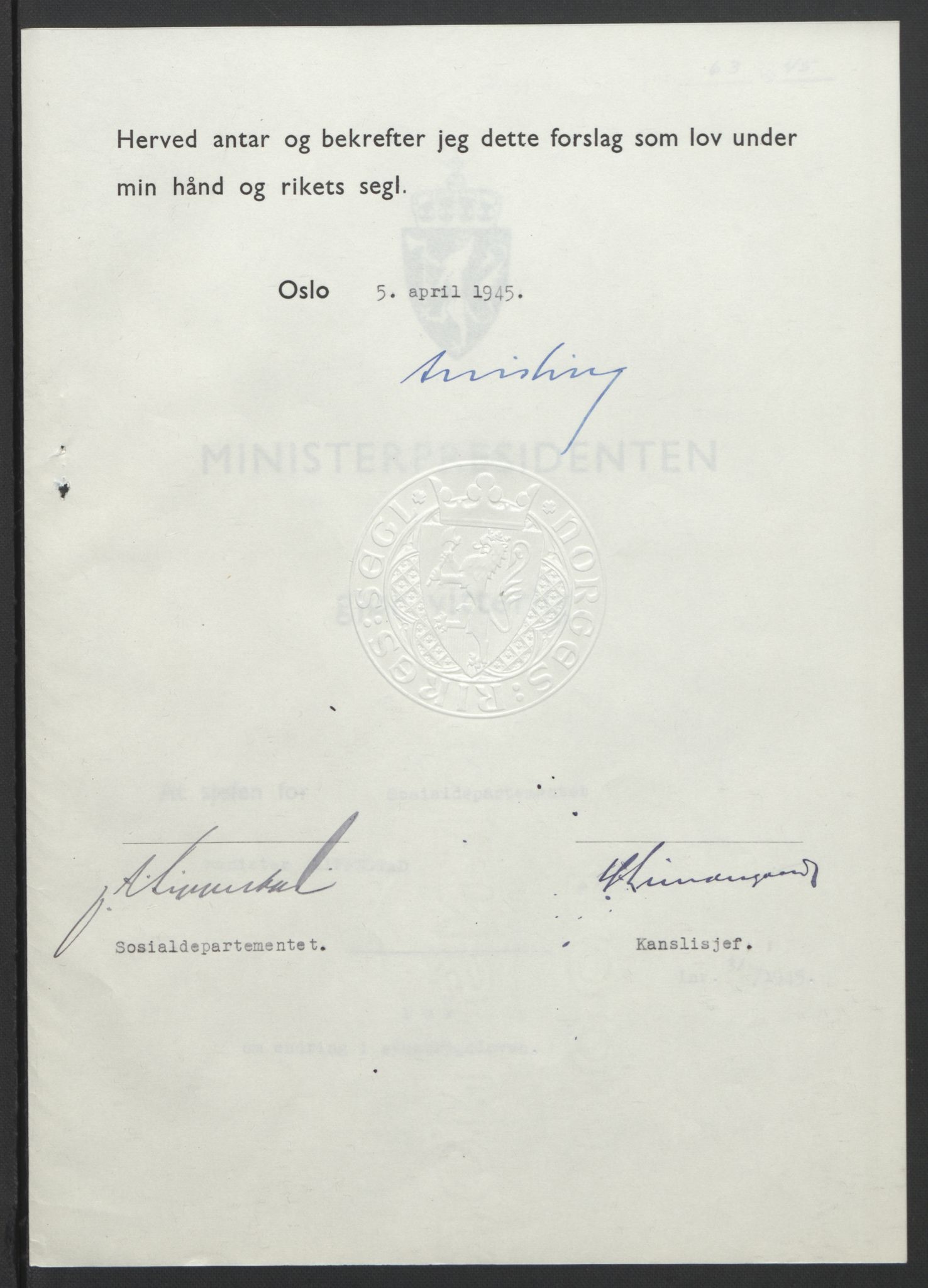 NS-administrasjonen 1940-1945 (Statsrådsekretariatet, de kommisariske statsråder mm), AV/RA-S-4279/D/Db/L0101/0001: -- / Lover og vedtak, 1945, p. 132