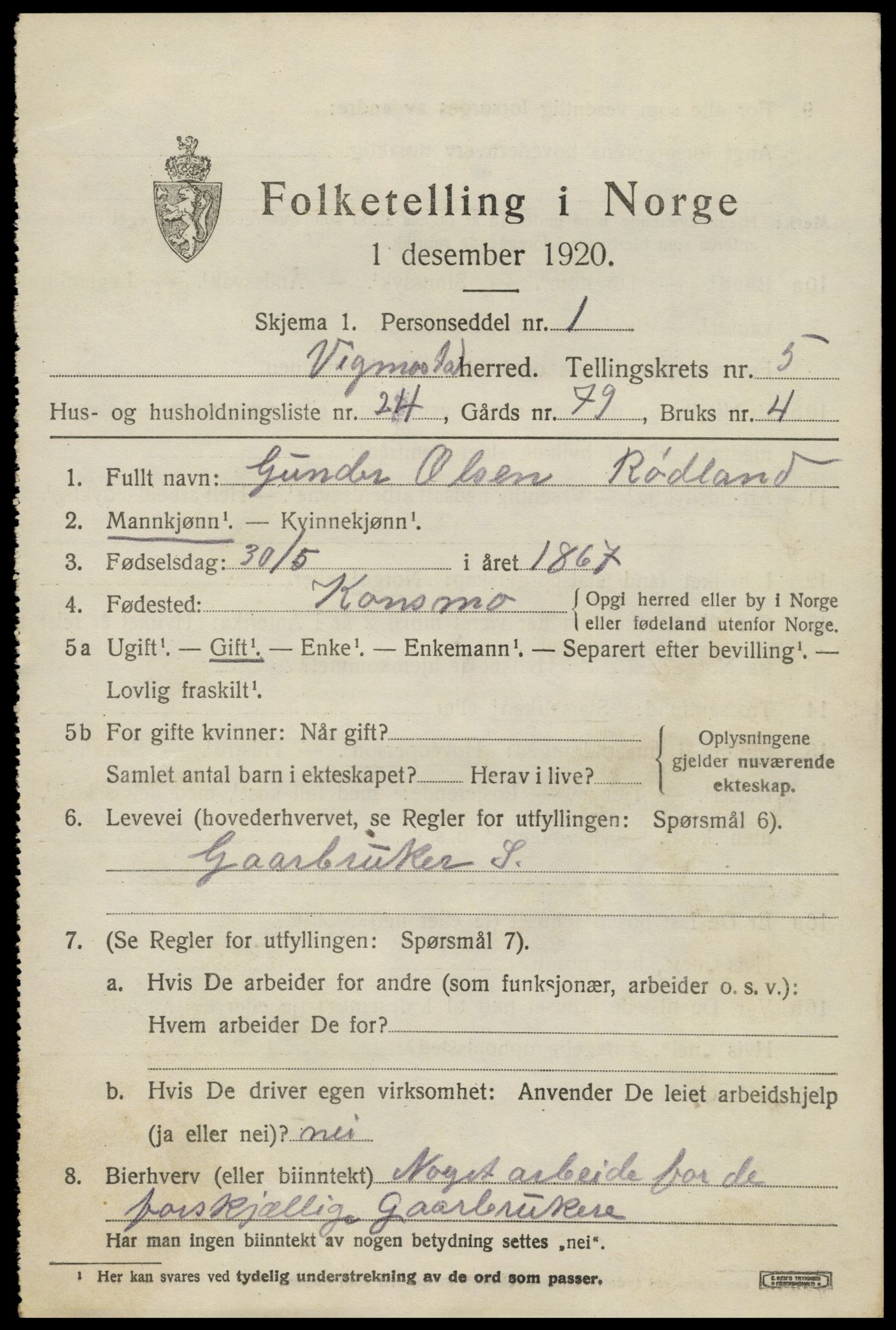 SAK, 1920 census for Vigmostad, 1920, p. 1899