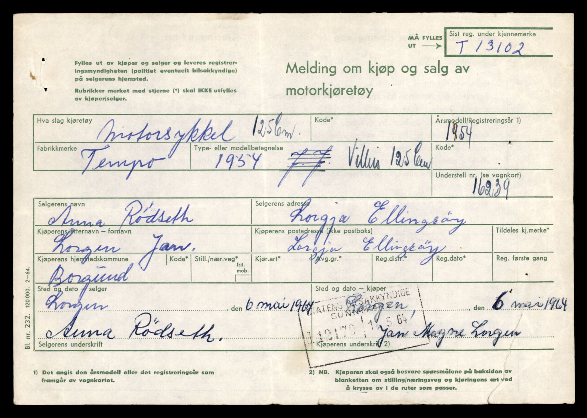 Møre og Romsdal vegkontor - Ålesund trafikkstasjon, AV/SAT-A-4099/F/Fe/L0037: Registreringskort for kjøretøy T 13031 - T 13179, 1927-1998, p. 1444