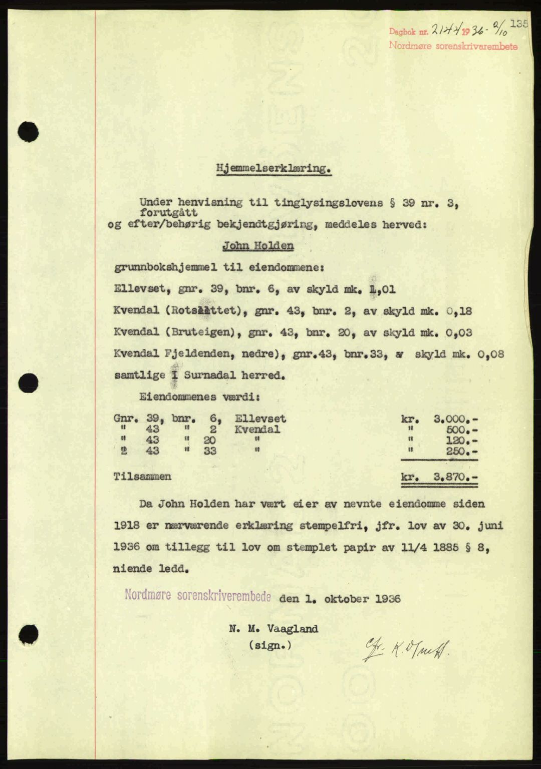 Nordmøre sorenskriveri, AV/SAT-A-4132/1/2/2Ca: Mortgage book no. A80, 1936-1937, Diary no: : 2144/1936