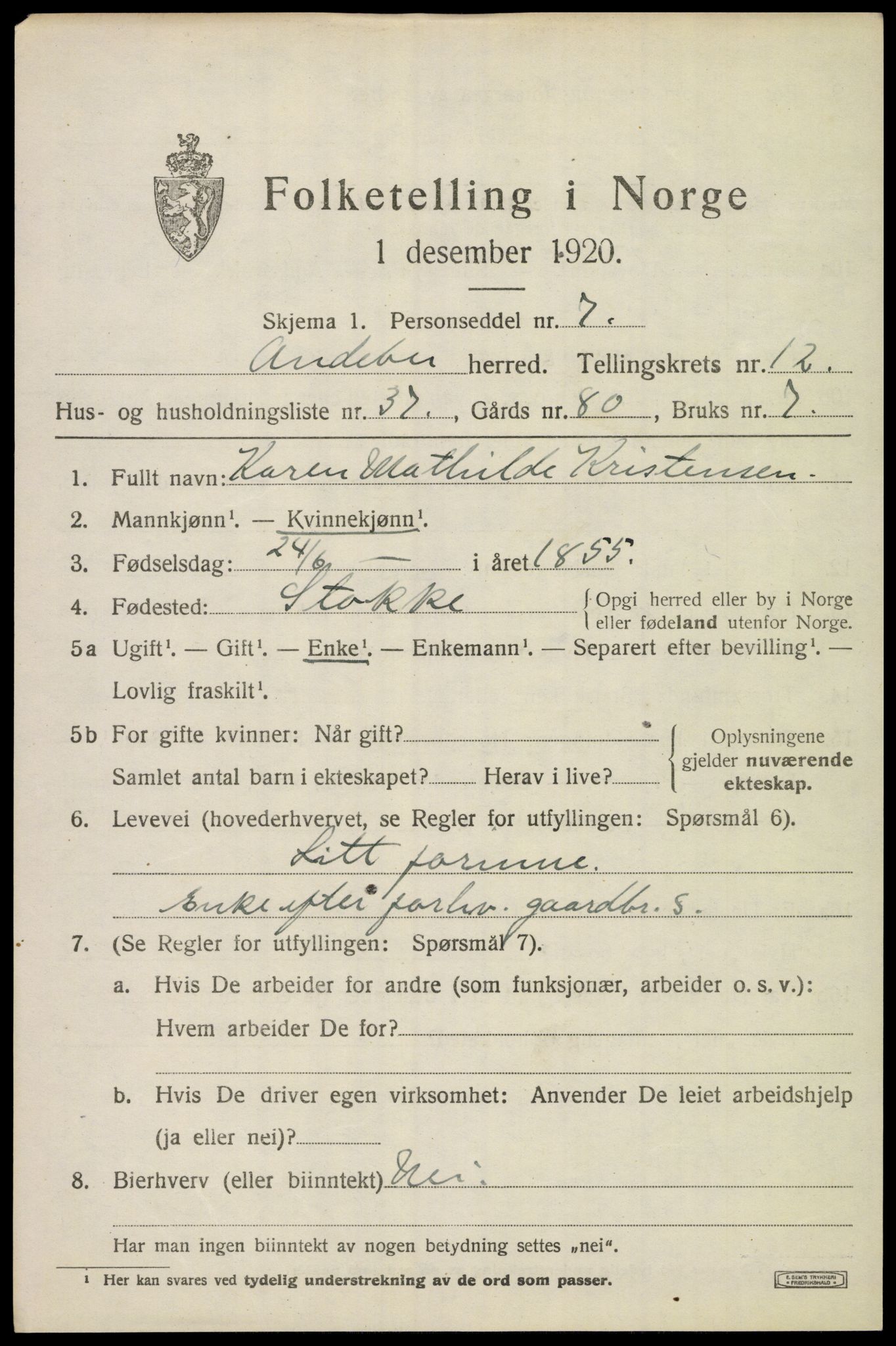 SAKO, 1920 census for Andebu, 1920, p. 4786