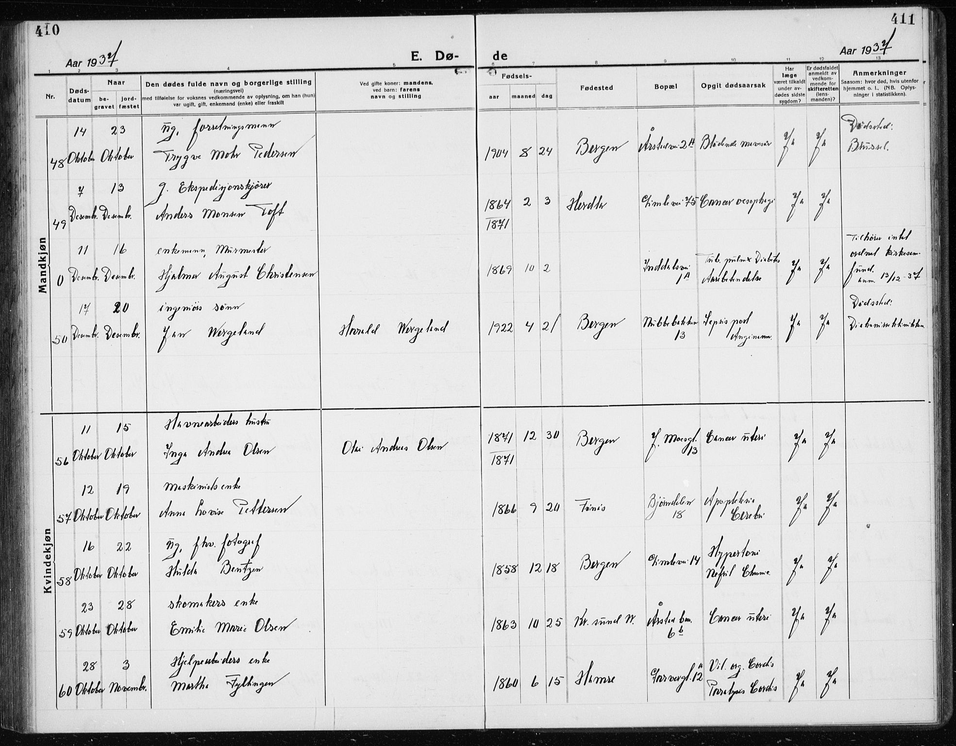 Årstad Sokneprestembete, AV/SAB-A-79301/H/Hab/L0025: Parish register (copy) no. D 2, 1922-1940, p. 410-411