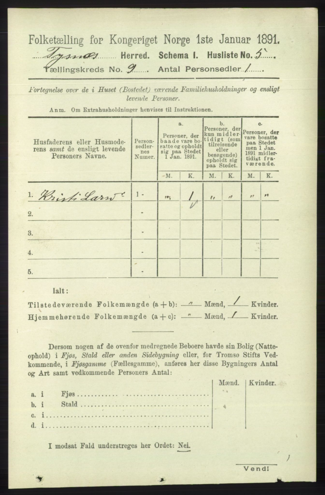 RA, 1891 census for 1223 Tysnes, 1891, p. 4143