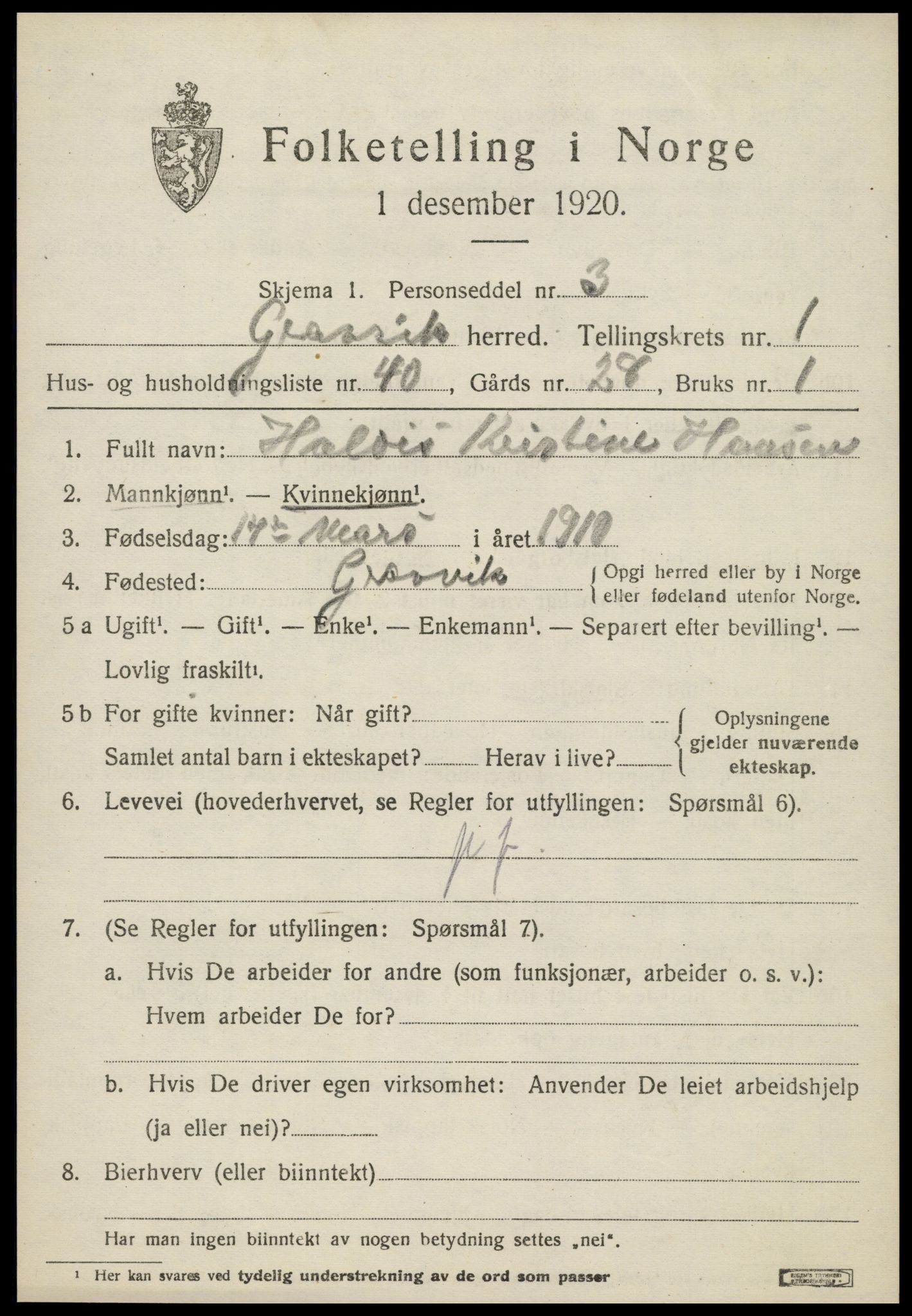 SAT, 1920 census for Gravvik, 1920, p. 738