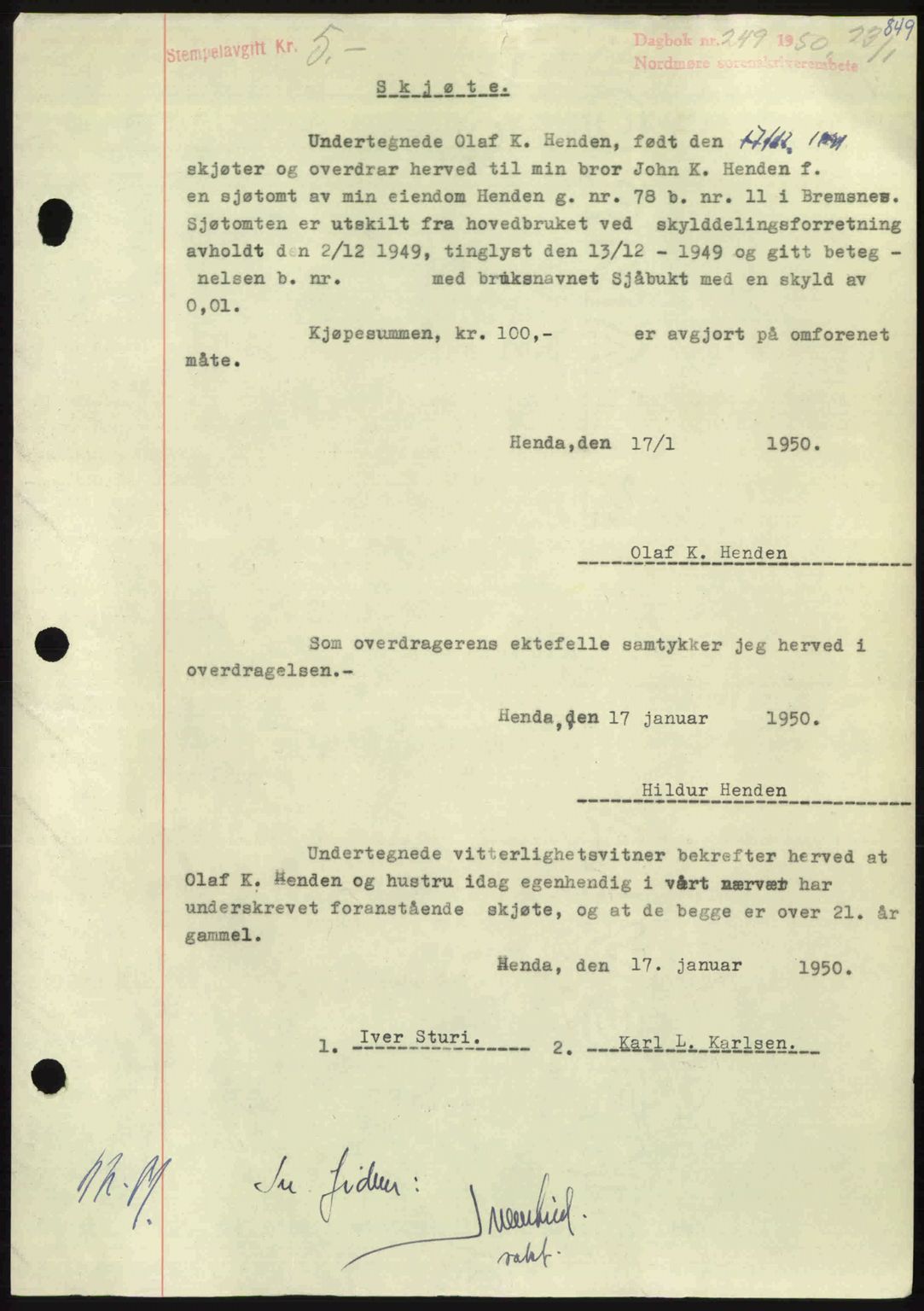 Nordmøre sorenskriveri, AV/SAT-A-4132/1/2/2Ca: Mortgage book no. A113, 1949-1950, Diary no: : 249/1950