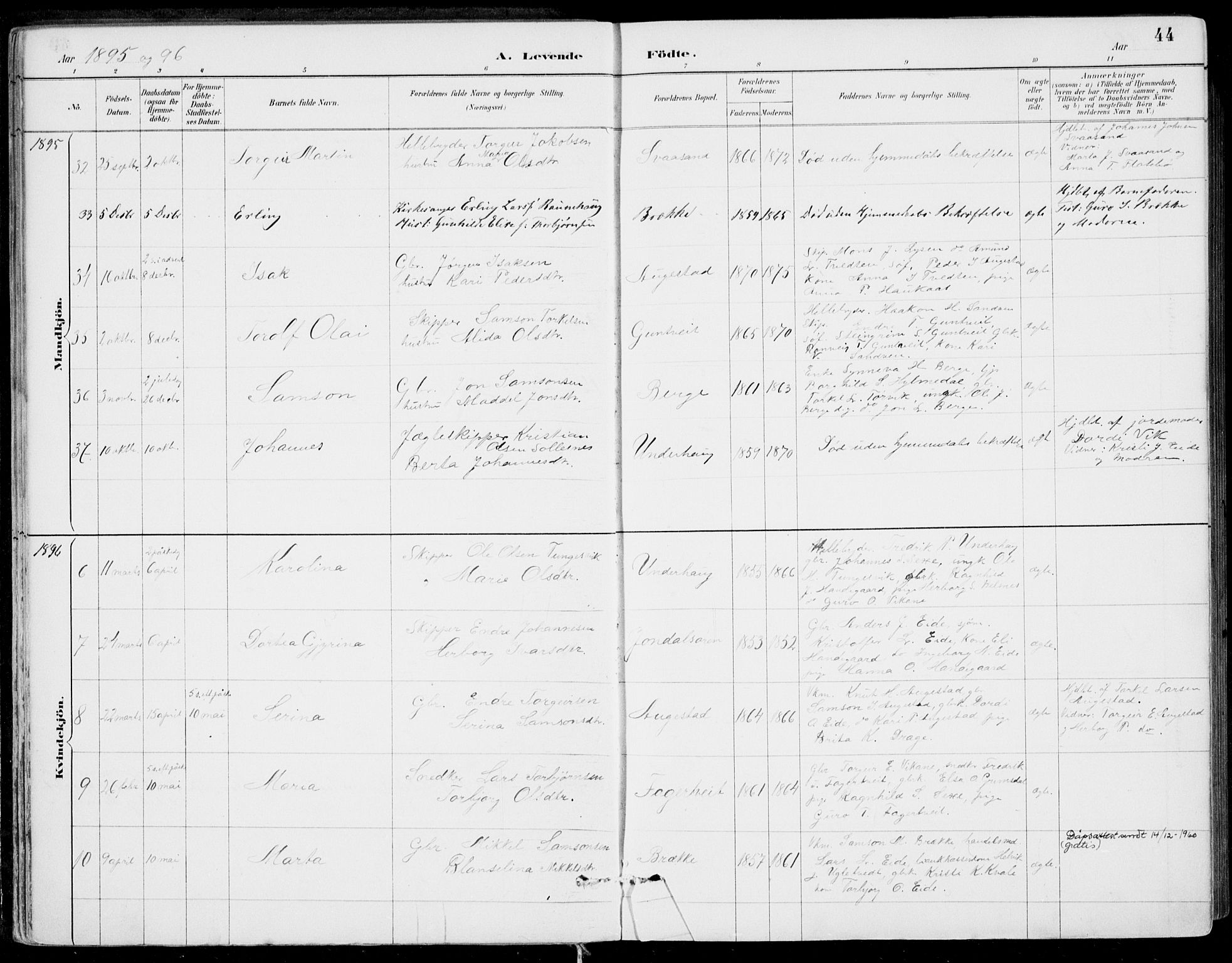 Strandebarm sokneprestembete, SAB/A-78401/H/Haa: Parish register (official) no. E  1, 1886-1908, p. 44