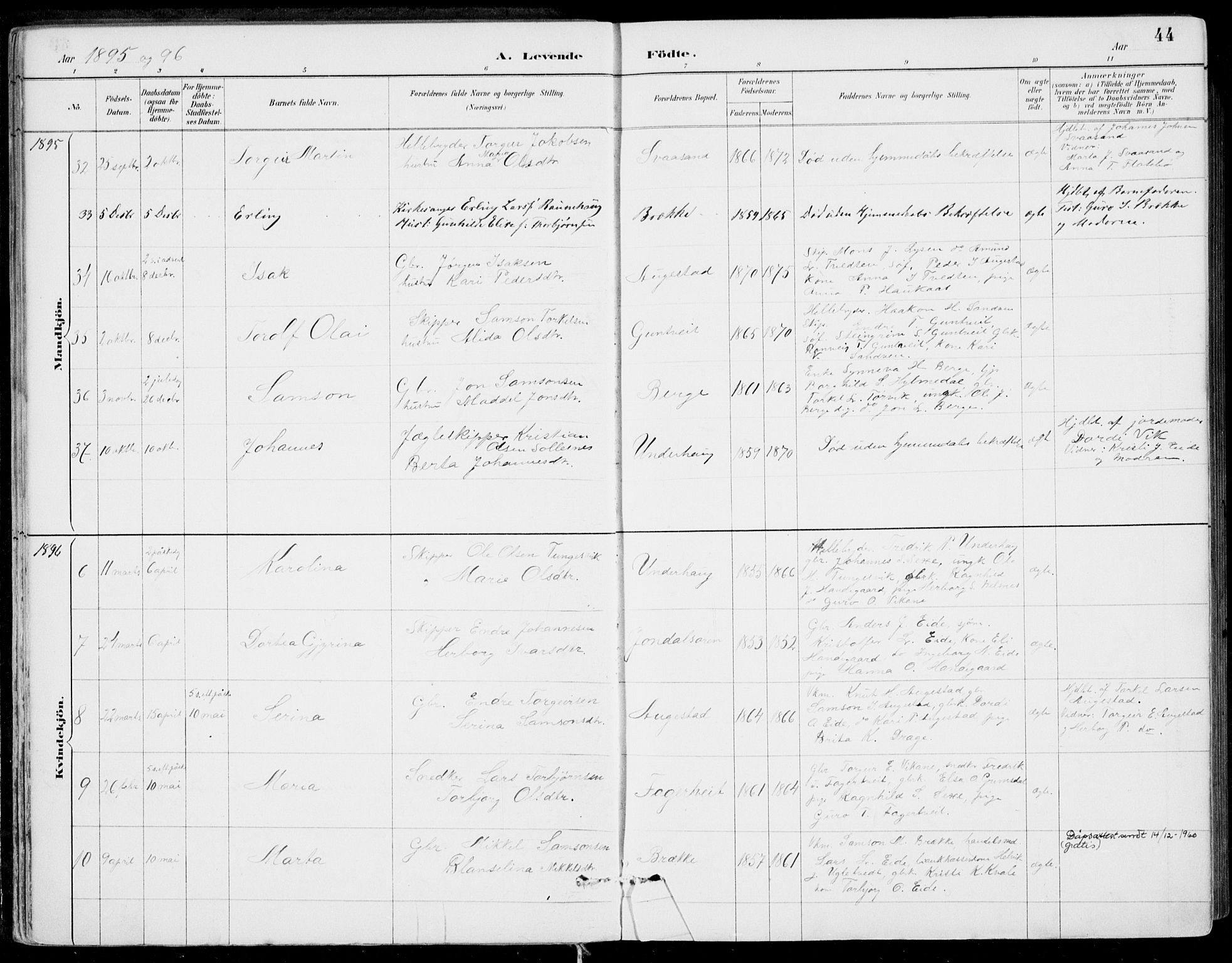 Strandebarm sokneprestembete, AV/SAB-A-78401/H/Haa: Parish register (official) no. E  1, 1886-1908, p. 44