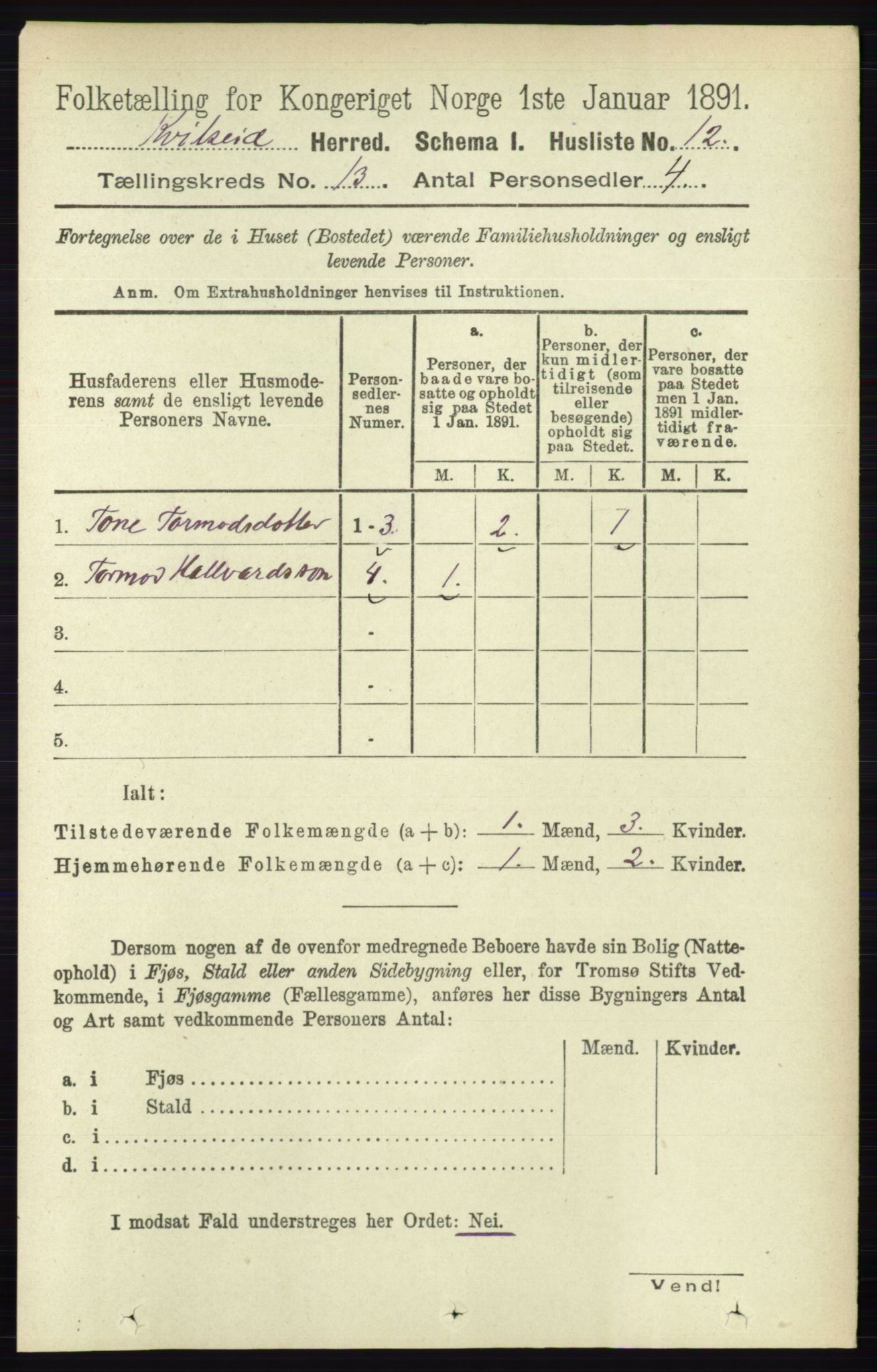 RA, 1891 census for 0829 Kviteseid, 1891, p. 3051