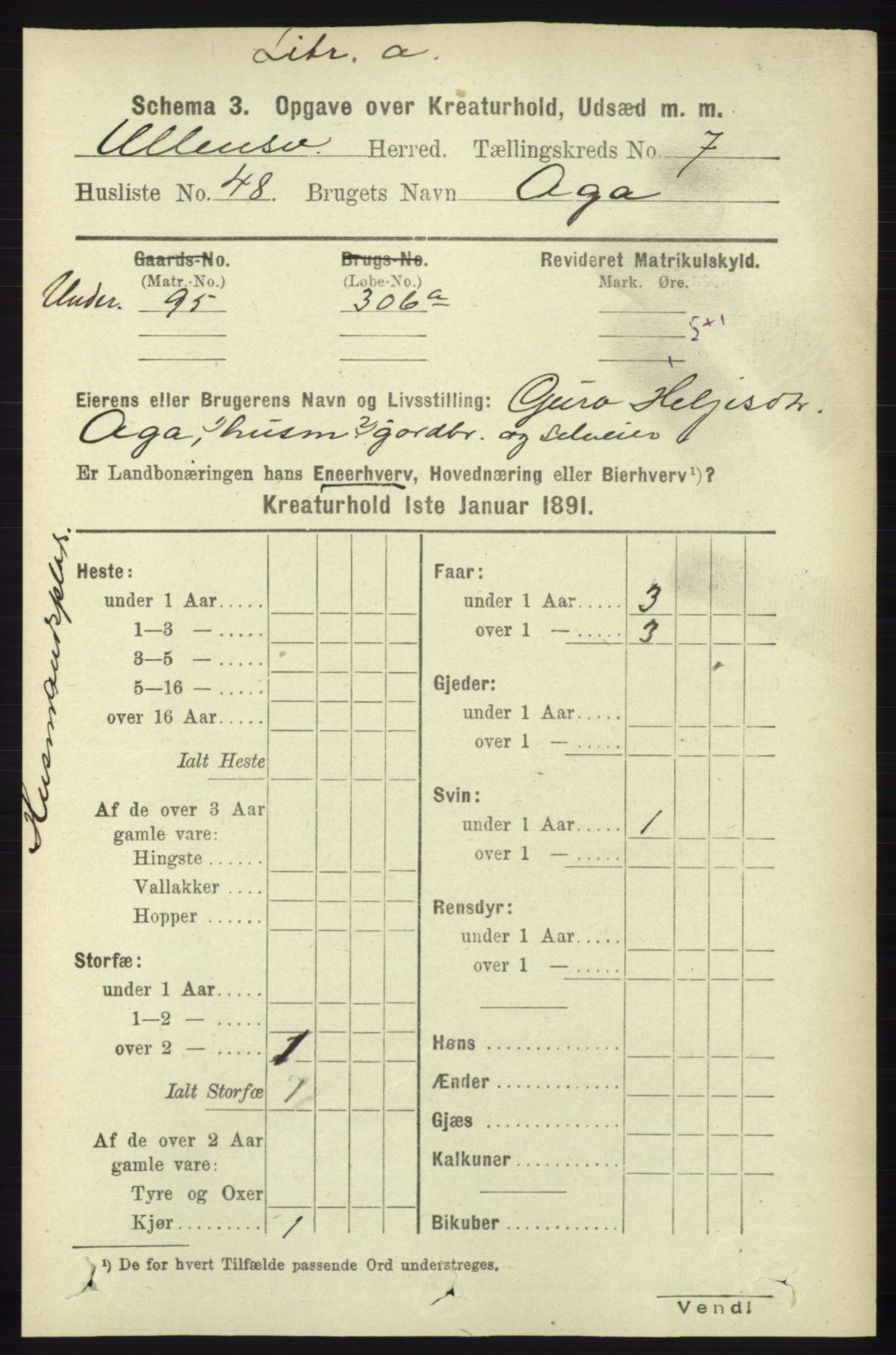 RA, 1891 census for 1230 Ullensvang, 1891, p. 7427