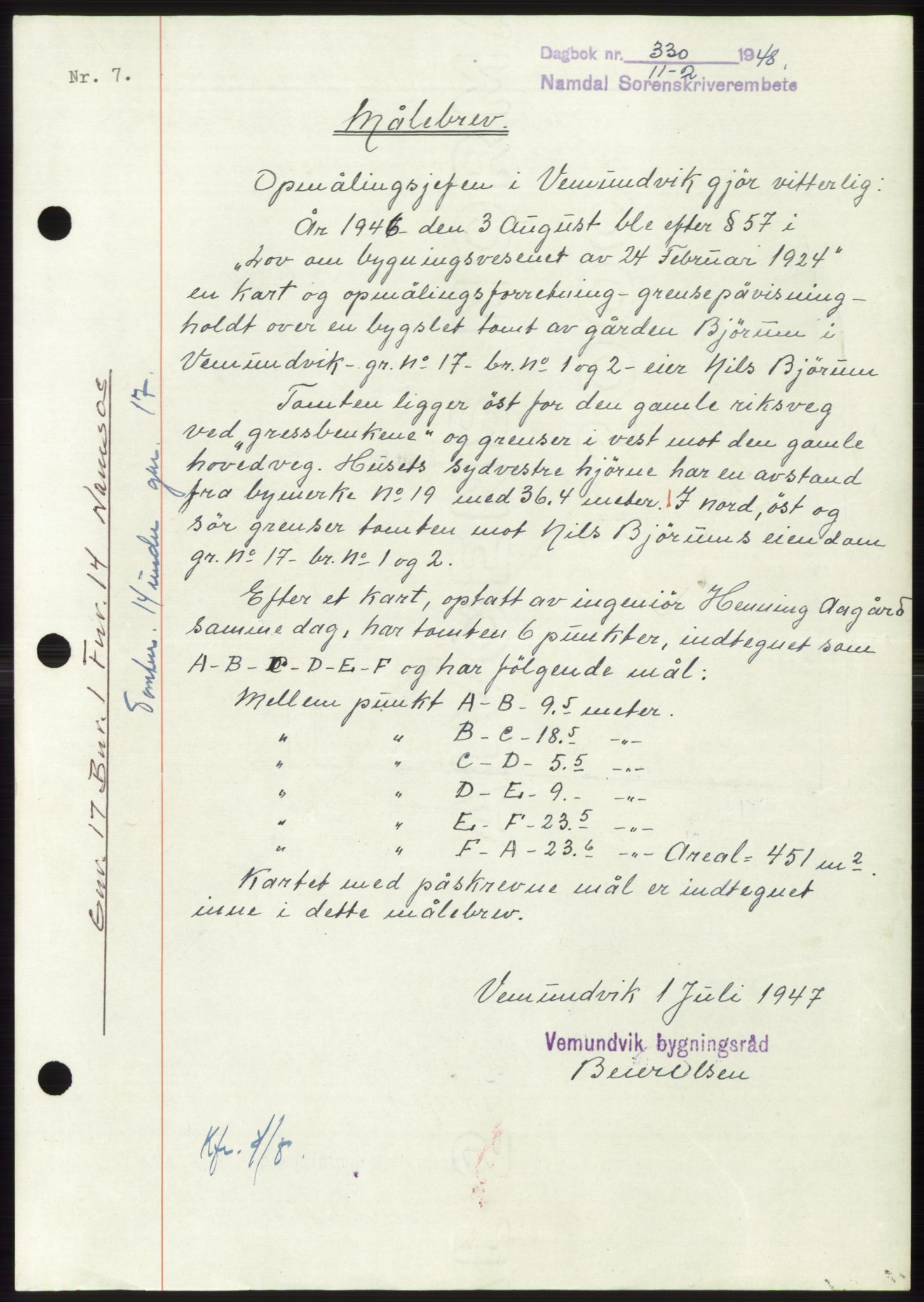 Namdal sorenskriveri, SAT/A-4133/1/2/2C: Mortgage book no. -, 1947-1948, Diary no: : 330/1948