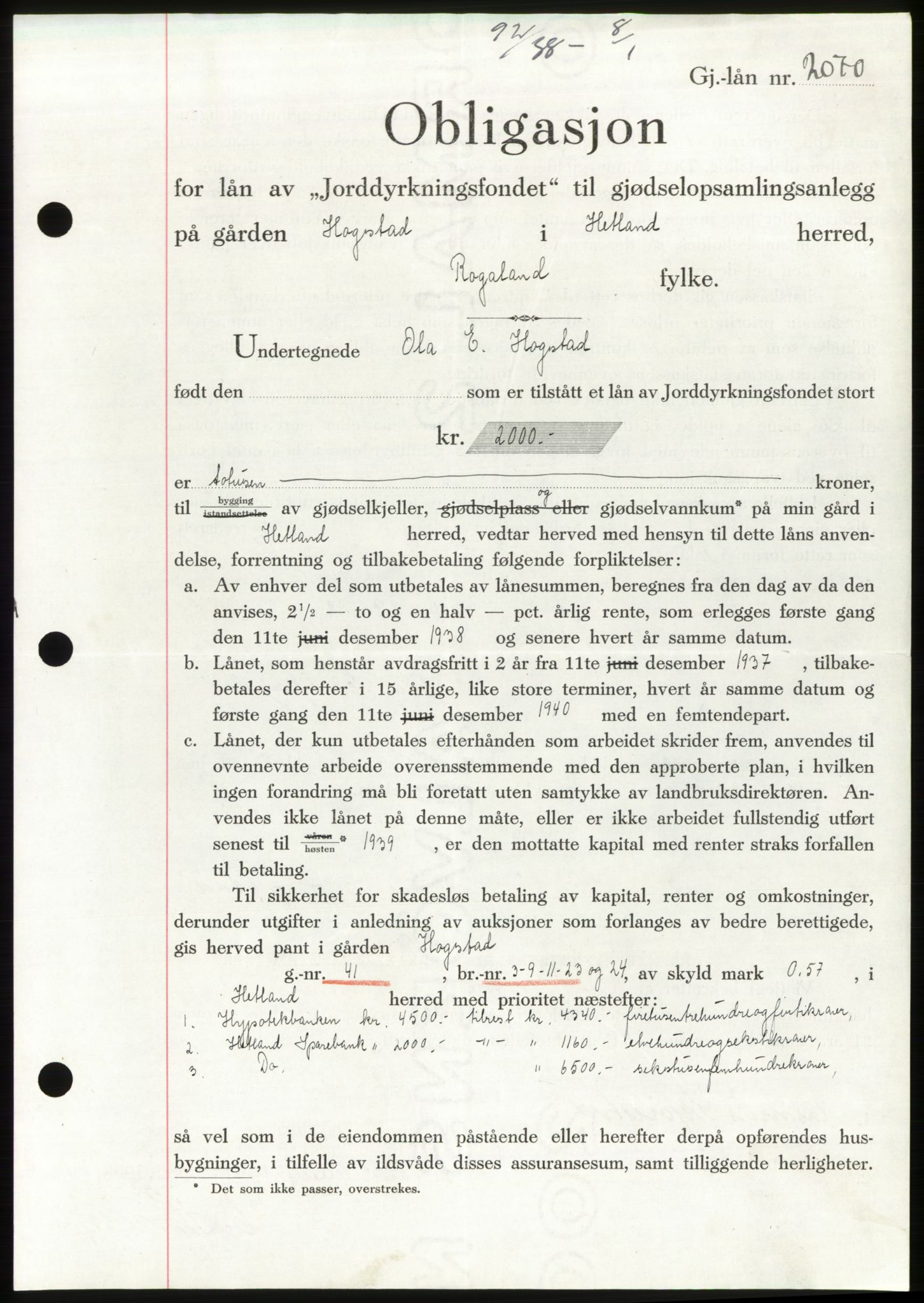 Jæren sorenskriveri, SAST/A-100310/03/G/Gba/L0070: Mortgage book, 1938-1938, Diary no: : 92/1938