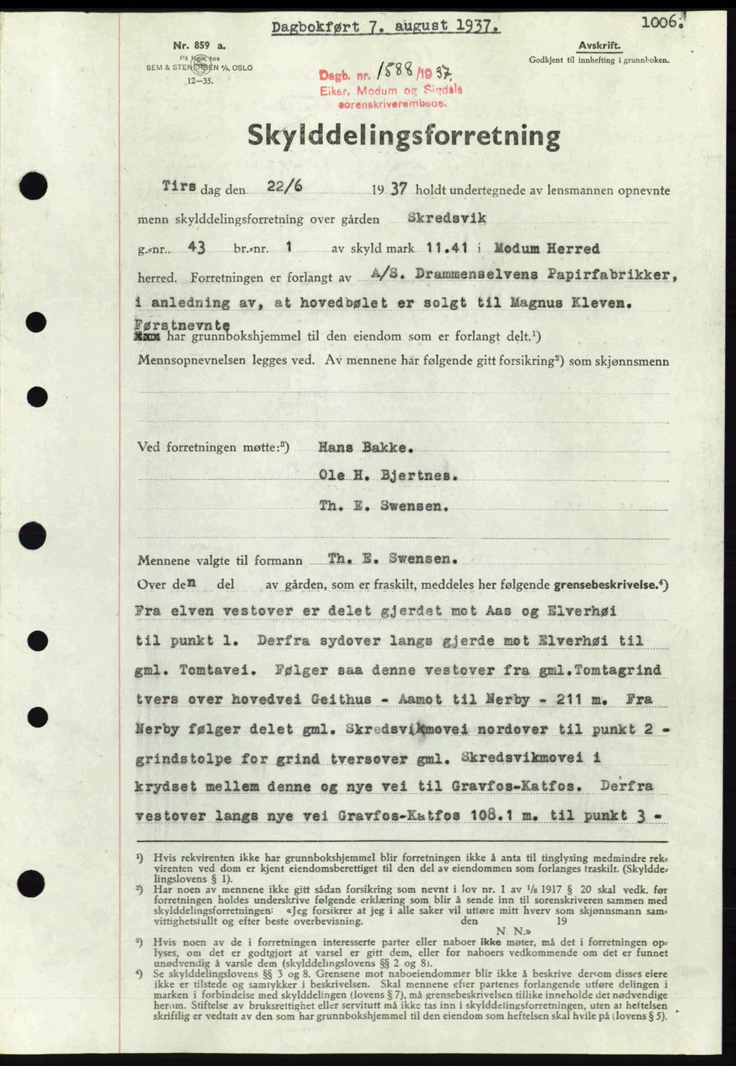 Eiker, Modum og Sigdal sorenskriveri, SAKO/A-123/G/Ga/Gab/L0035: Mortgage book no. A5, 1937-1937, Diary no: : 1588/1937