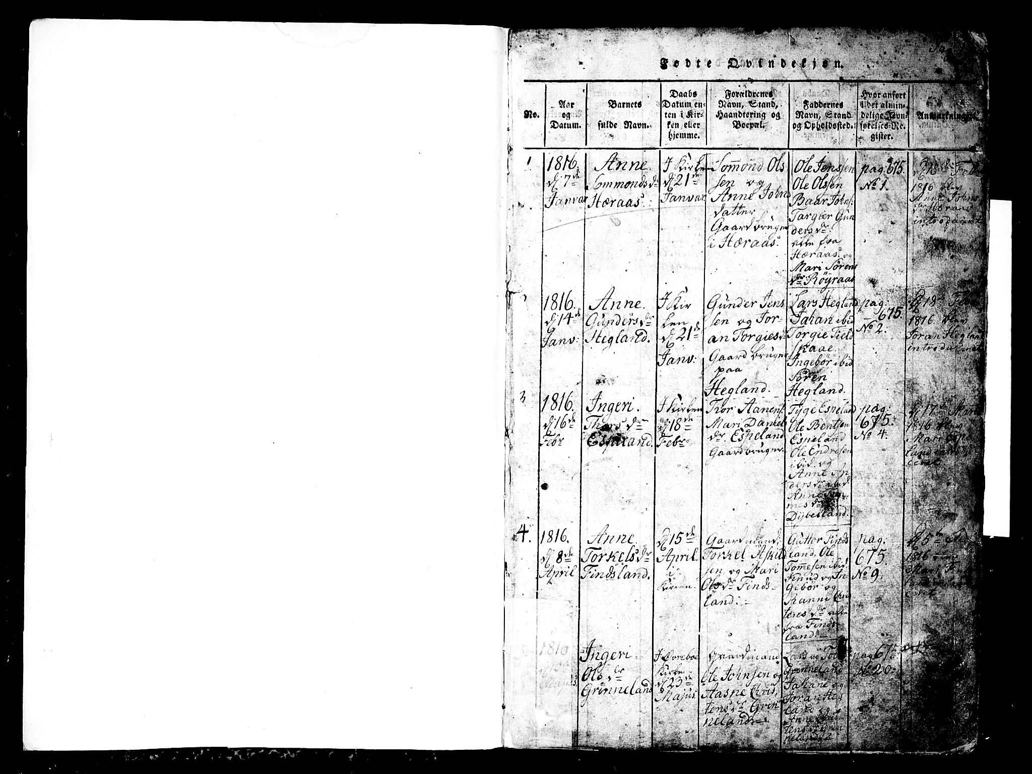 Bjelland sokneprestkontor, SAK/1111-0005/F/Fb/Fbb/L0003: Parish register (copy) no. B 3, 1816-1868, p. 0-1