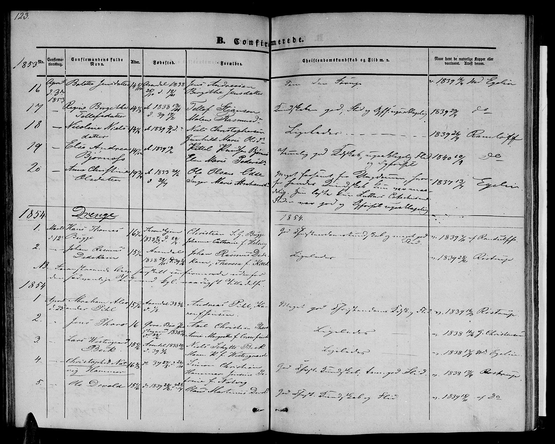 Arendal sokneprestkontor, Trefoldighet, SAK/1111-0040/F/Fb/L0002: Parish register (copy) no. B 2, 1838-1860, p. 123