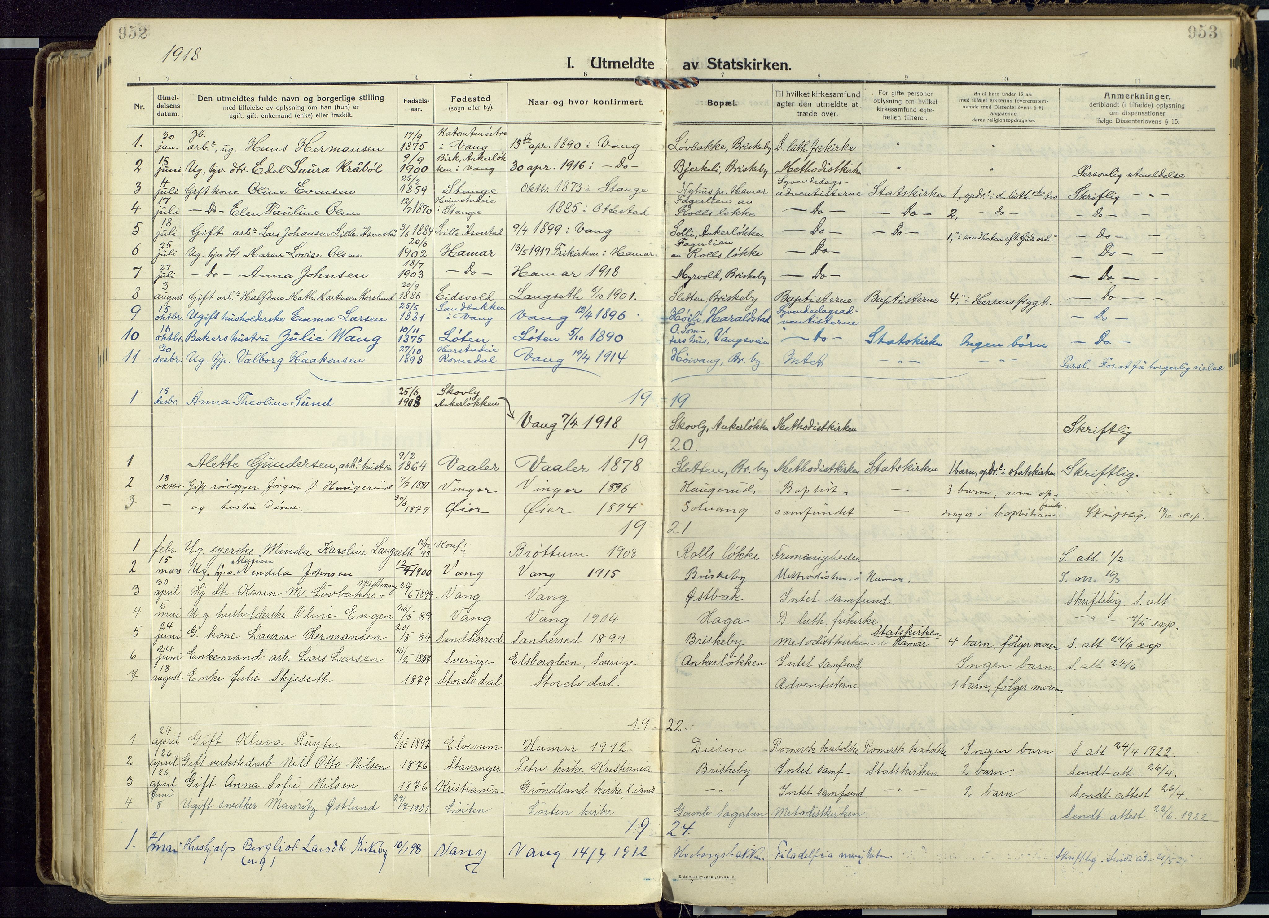 Vang prestekontor, Hedmark, AV/SAH-PREST-008/H/Ha/Haa/L0022: Parish register (official) no. 22, 1918-1944, p. 952-953