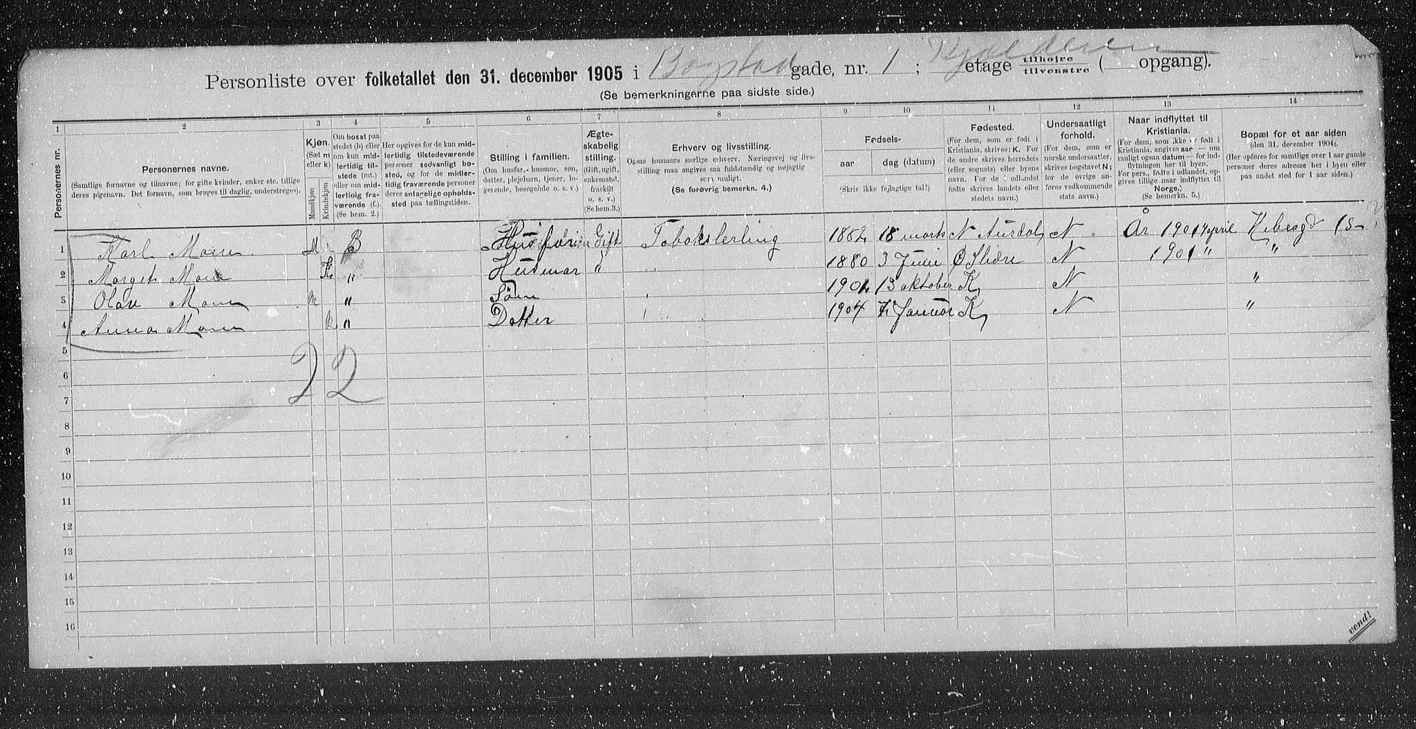 OBA, Municipal Census 1905 for Kristiania, 1905, p. 3435