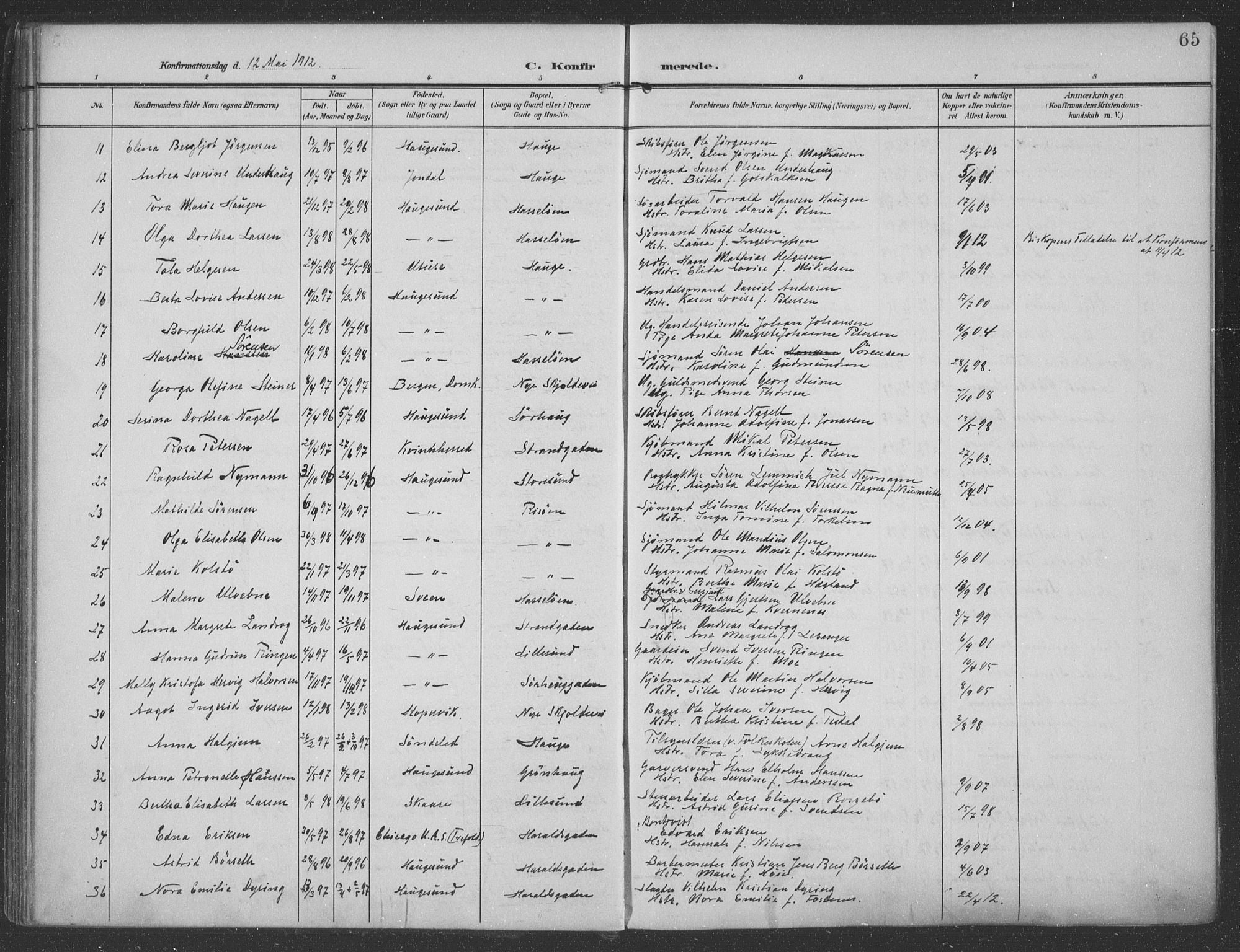 Haugesund sokneprestkontor, SAST/A -101863/H/Ha/Haa/L0007: Parish register (official) no. A 7, 1904-1916, p. 65