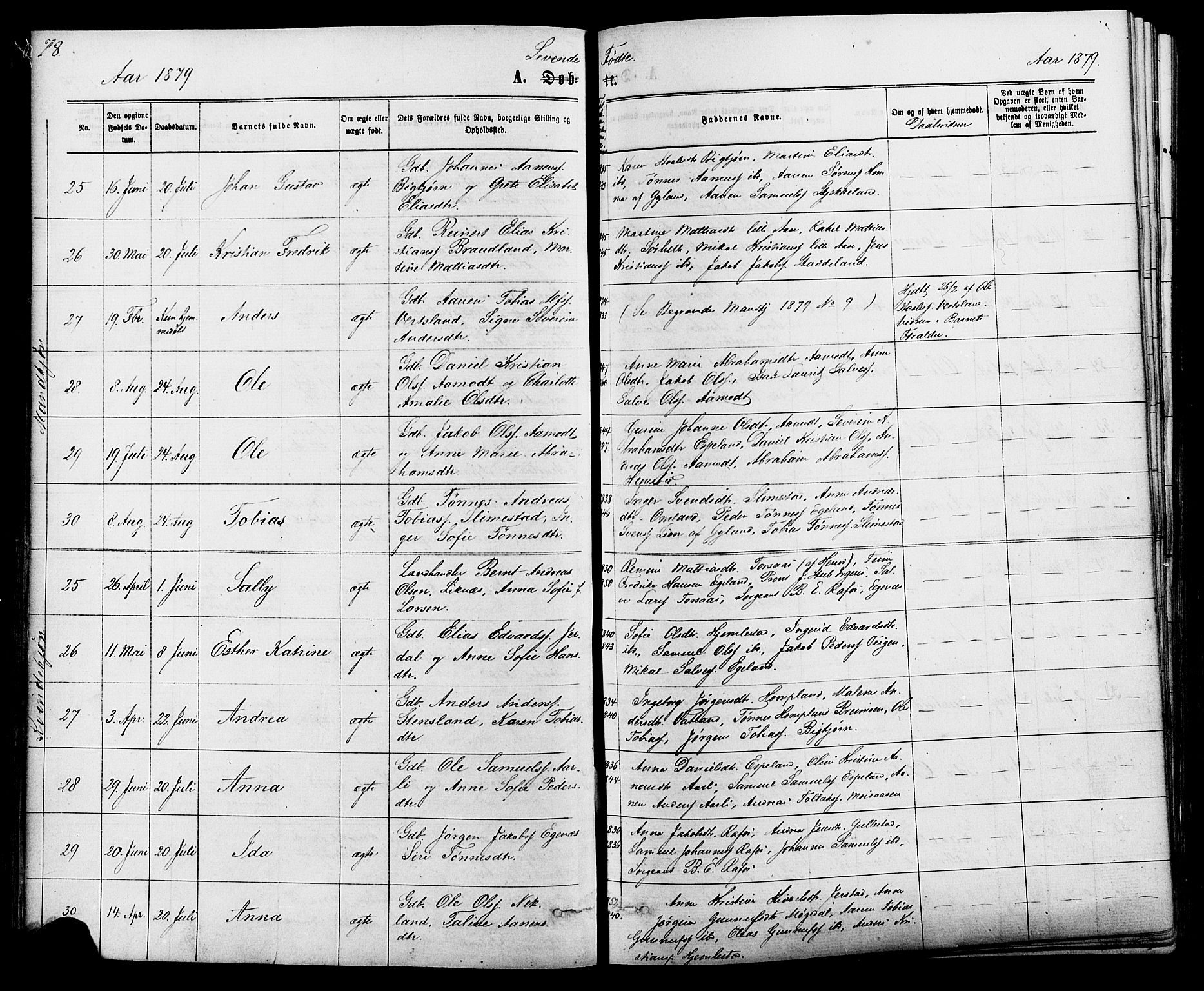 Kvinesdal sokneprestkontor, AV/SAK-1111-0026/F/Fa/Fab/L0007: Parish register (official) no. A 7, 1870-1885, p. 78