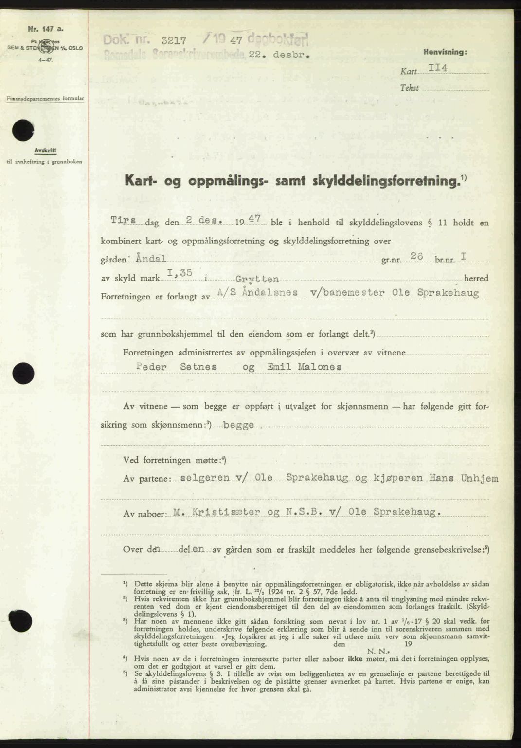 Romsdal sorenskriveri, SAT/A-4149/1/2/2C: Mortgage book no. A24, 1947-1947, Diary no: : 3217/1947