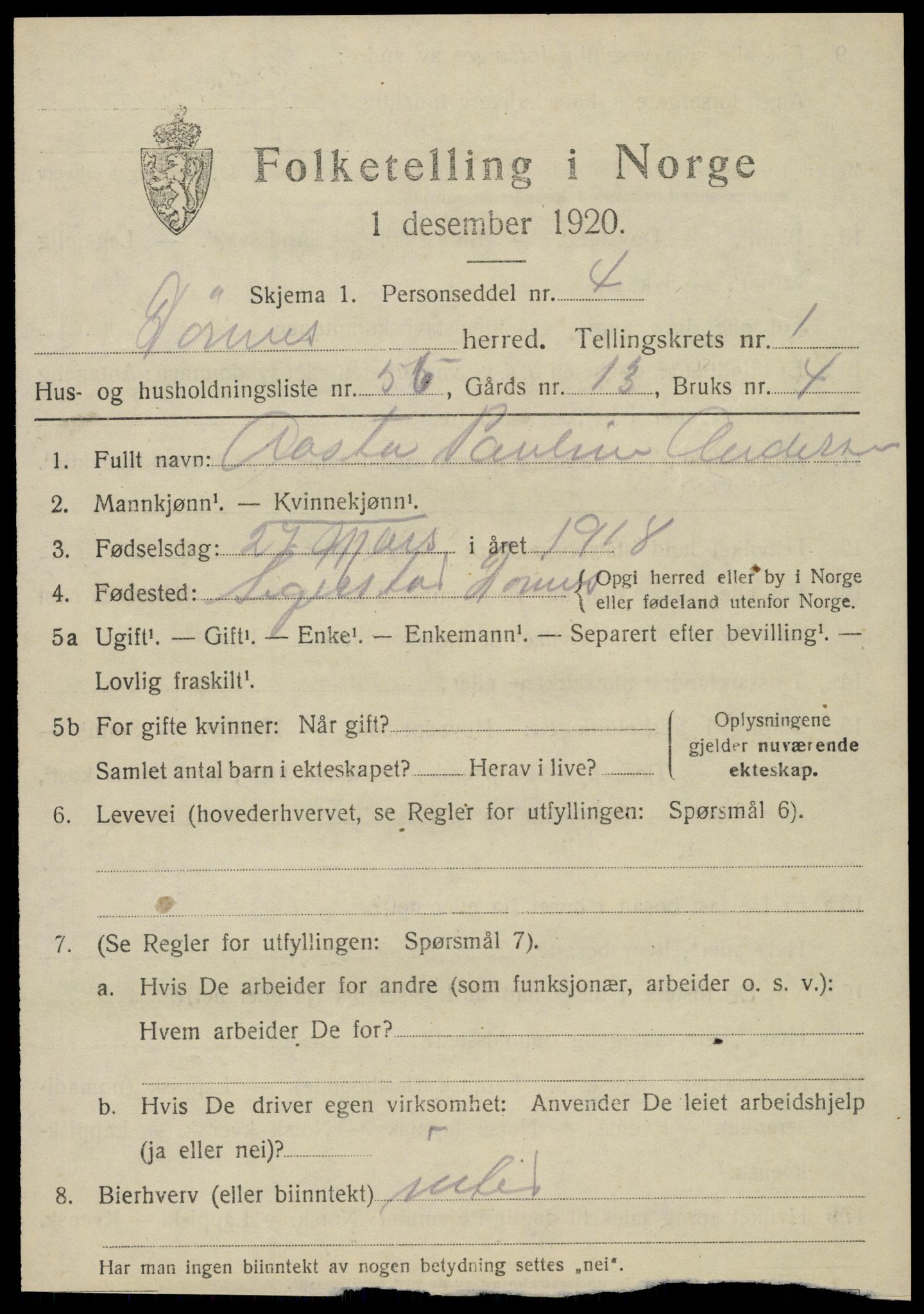 SAT, 1920 census for Dønnes, 1920, p. 1214