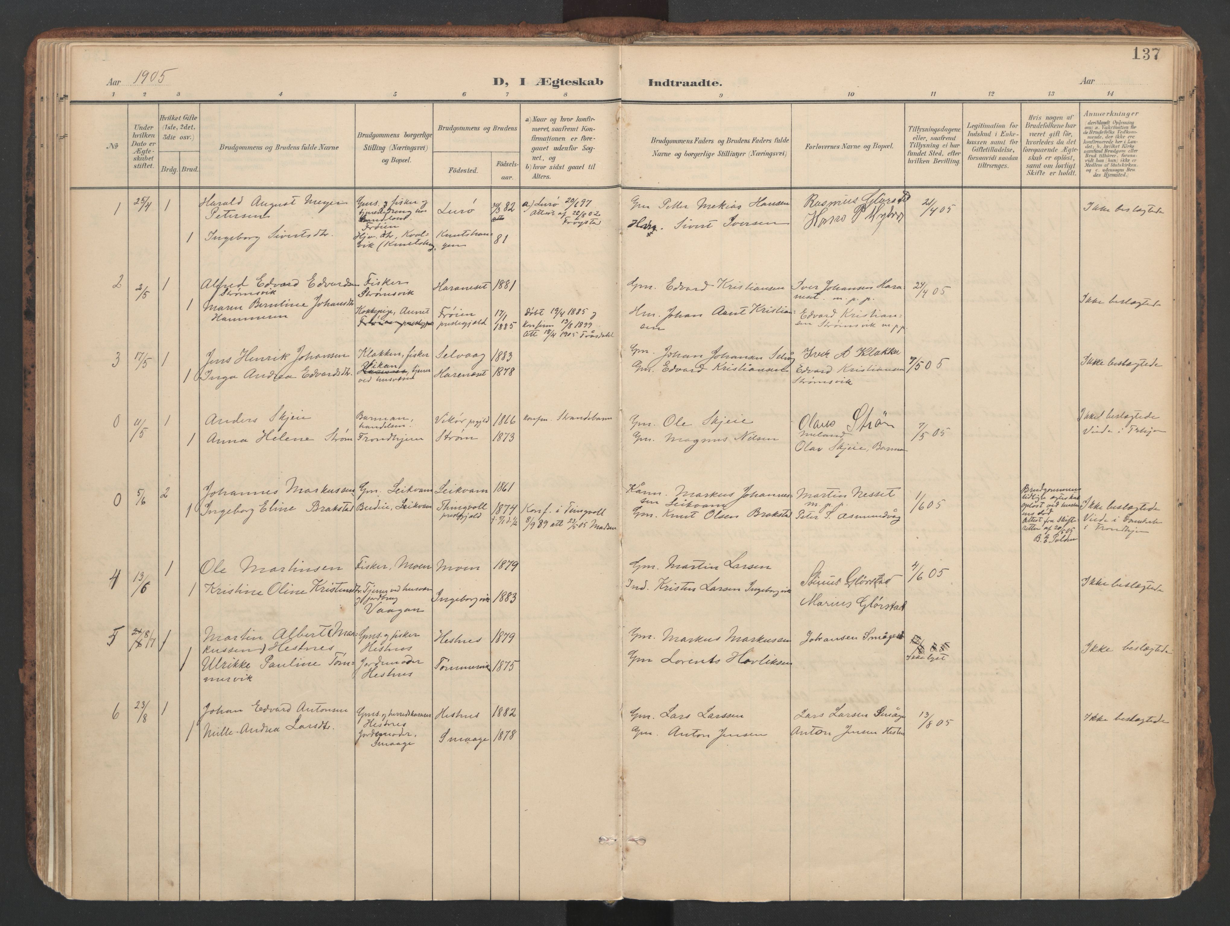 Ministerialprotokoller, klokkerbøker og fødselsregistre - Sør-Trøndelag, SAT/A-1456/634/L0537: Parish register (official) no. 634A13, 1896-1922, p. 137