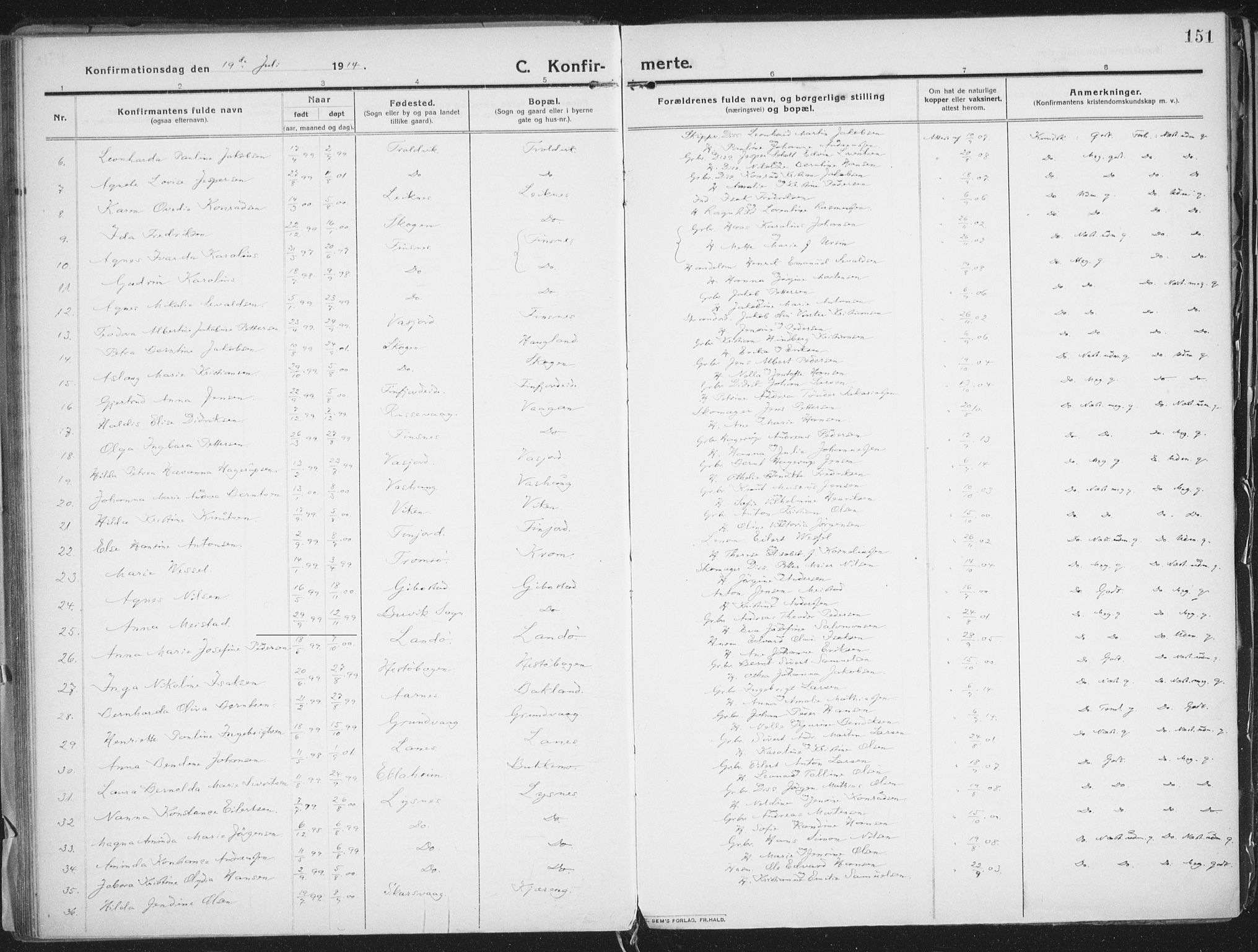 Lenvik sokneprestembete, AV/SATØ-S-1310/H/Ha/Haa/L0016kirke: Parish register (official) no. 16, 1910-1924, p. 151