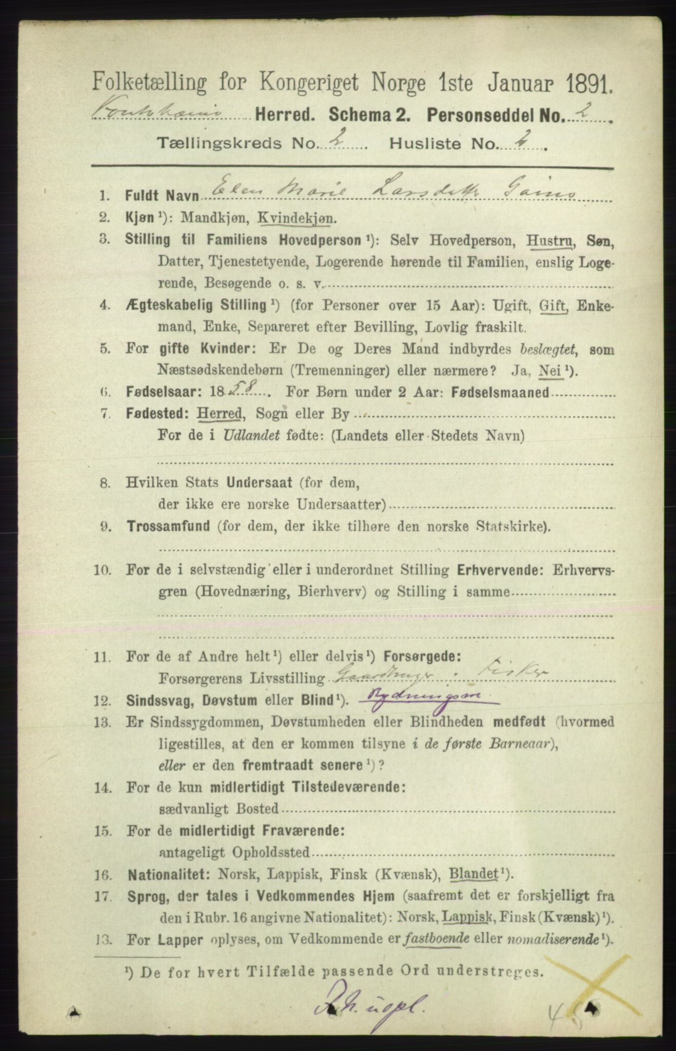 RA, 1891 census for 2011 Kautokeino, 1891, p. 328