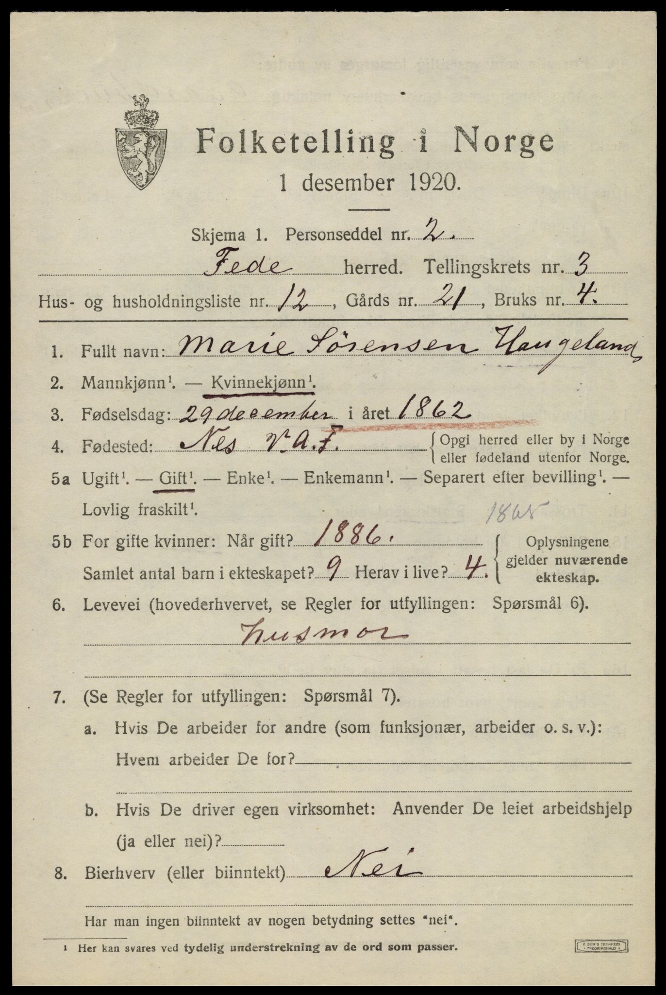 SAK, 1920 census for Feda, 1920, p. 1827