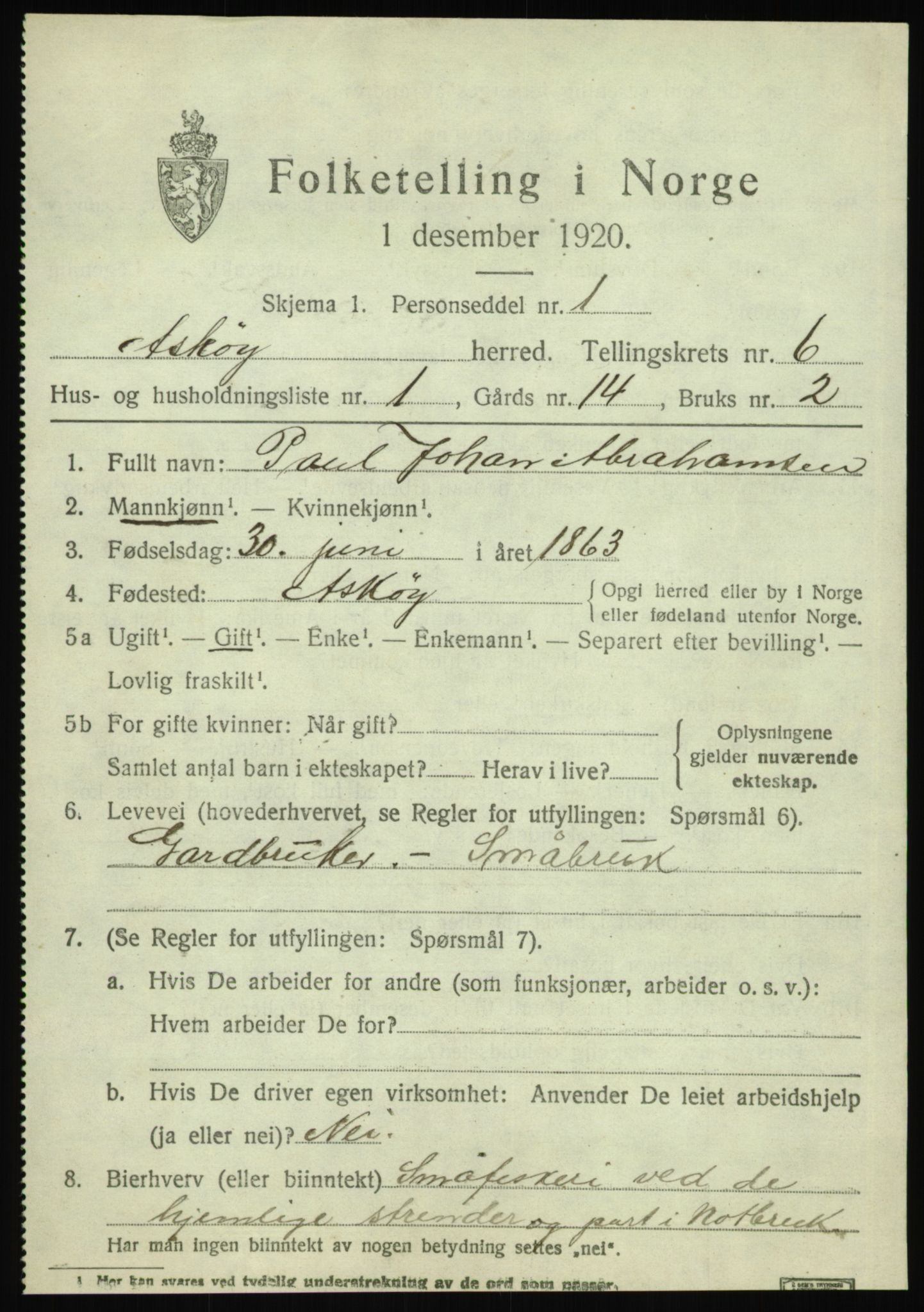 SAB, 1920 census for Askøy, 1920, p. 10106
