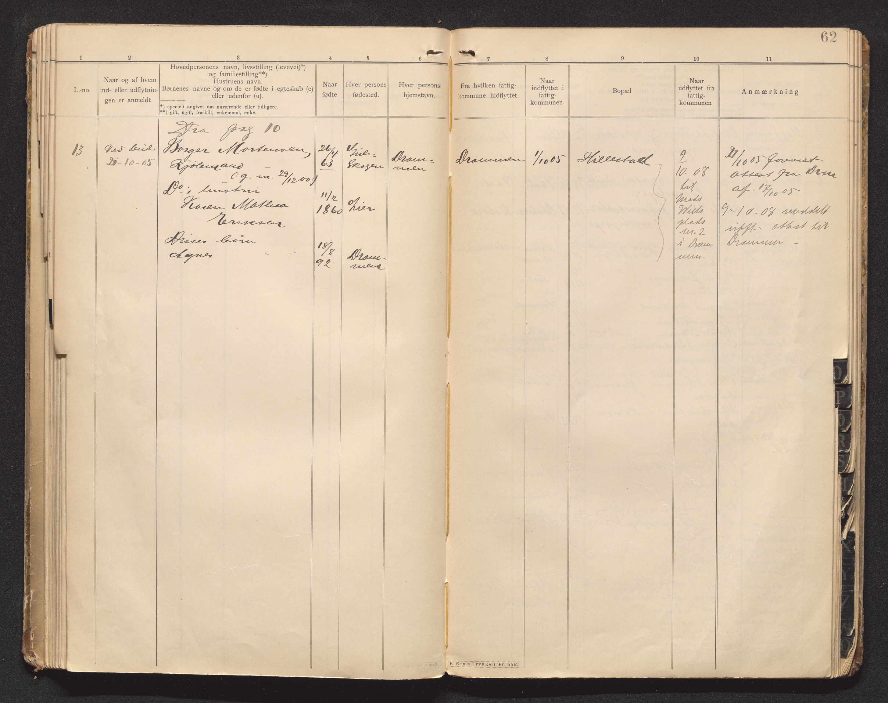 Botne lensmannskontor, SAKO/A-534/O/Oa/L0001: Protokoll over inn- og utflyttede, 1901-1905, p. 61b-62a