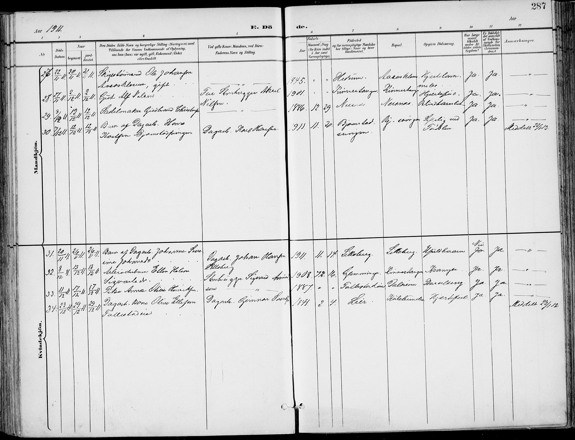 Røyken kirkebøker, AV/SAKO-A-241/F/Fa/L0009: Parish register (official) no. 9, 1898-1911, p. 287