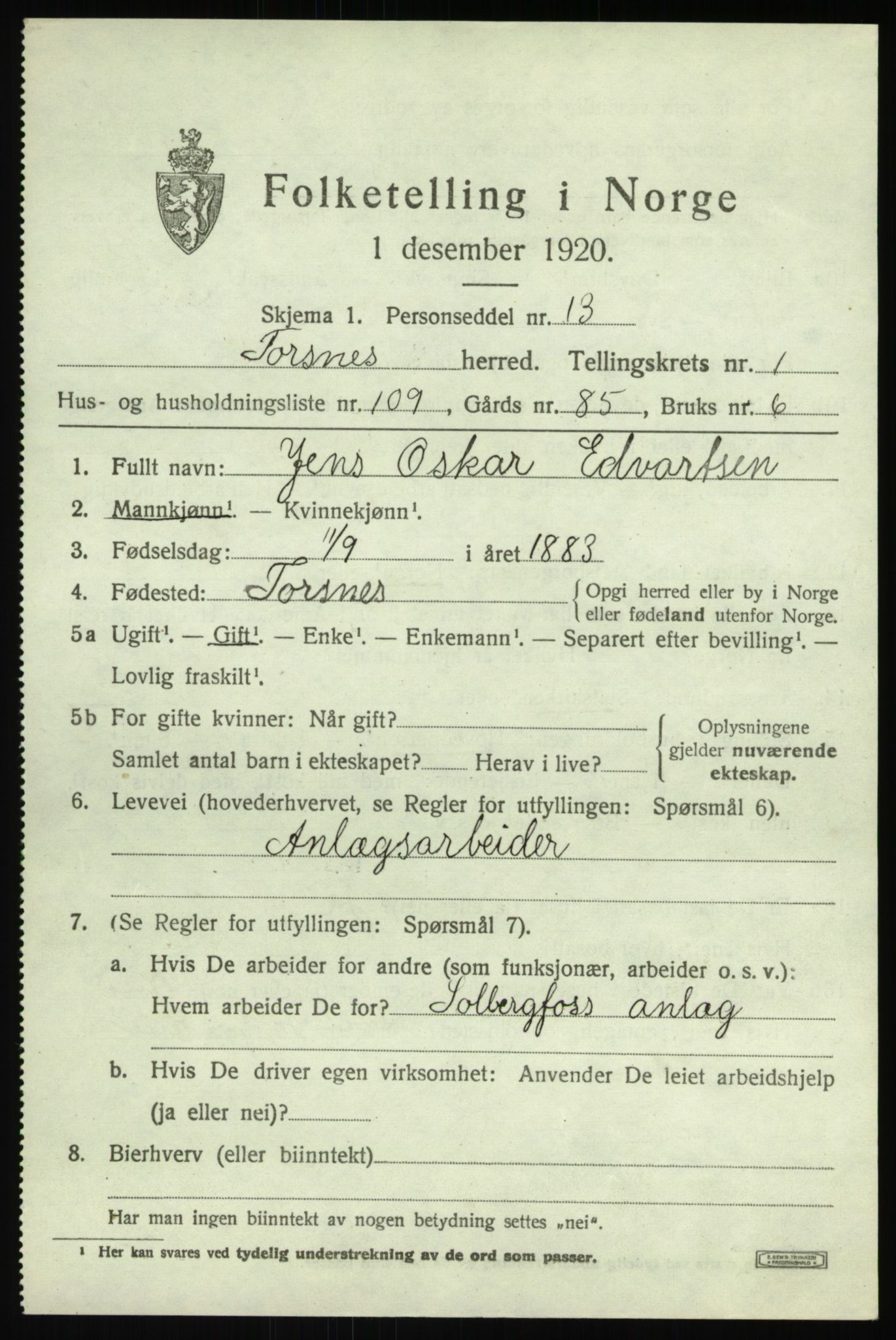 SAO, 1920 census for Torsnes, 1920, p. 1791