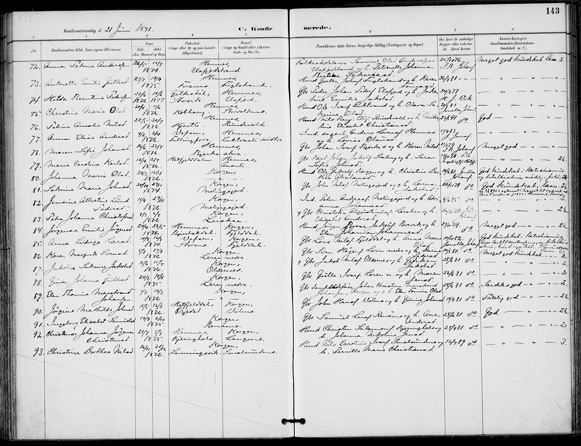 Ministerialprotokoller, klokkerbøker og fødselsregistre - Nordland, AV/SAT-A-1459/825/L0362: Parish register (official) no. 825A16, 1886-1908, p. 143