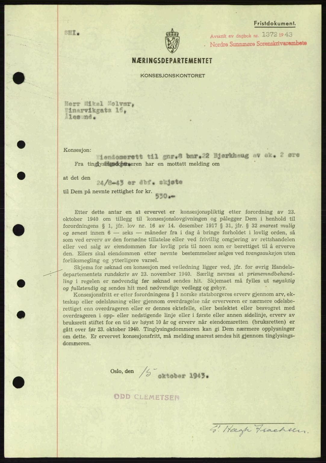 Nordre Sunnmøre sorenskriveri, SAT/A-0006/1/2/2C/2Ca: Mortgage book no. B6-14 a, 1942-1945, Diary no: : 1372/1943