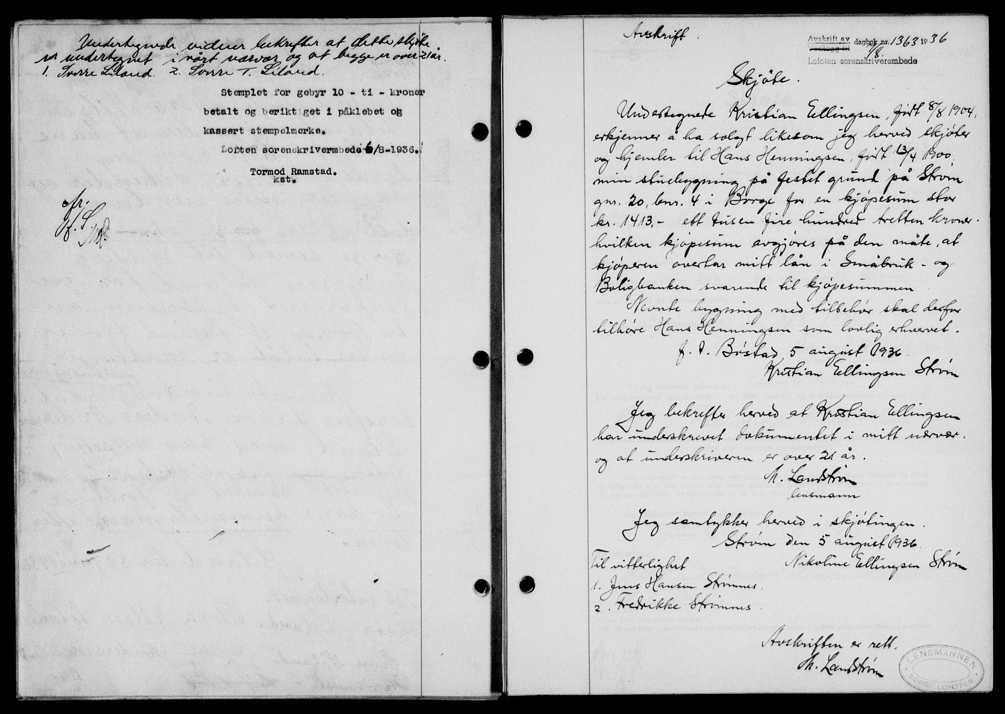 Lofoten sorenskriveri, SAT/A-0017/1/2/2C/L0001a: Mortgage book no. 1a, 1936-1937, Diary no: : 1363/1936