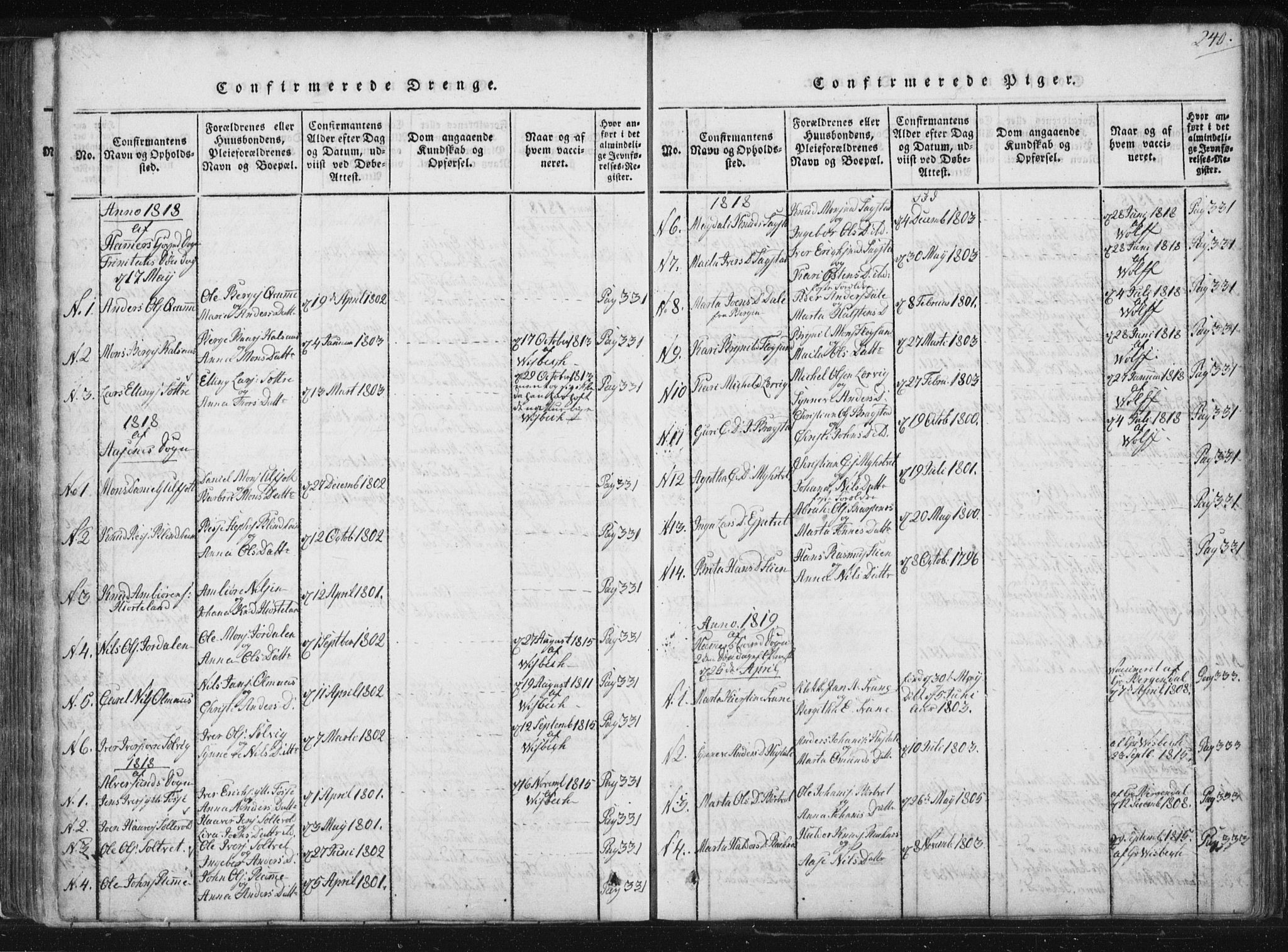 Hamre sokneprestembete, SAB/A-75501/H/Ha/Haa/Haaa/L0010: Parish register (official) no. A 10, 1816-1826, p. 240