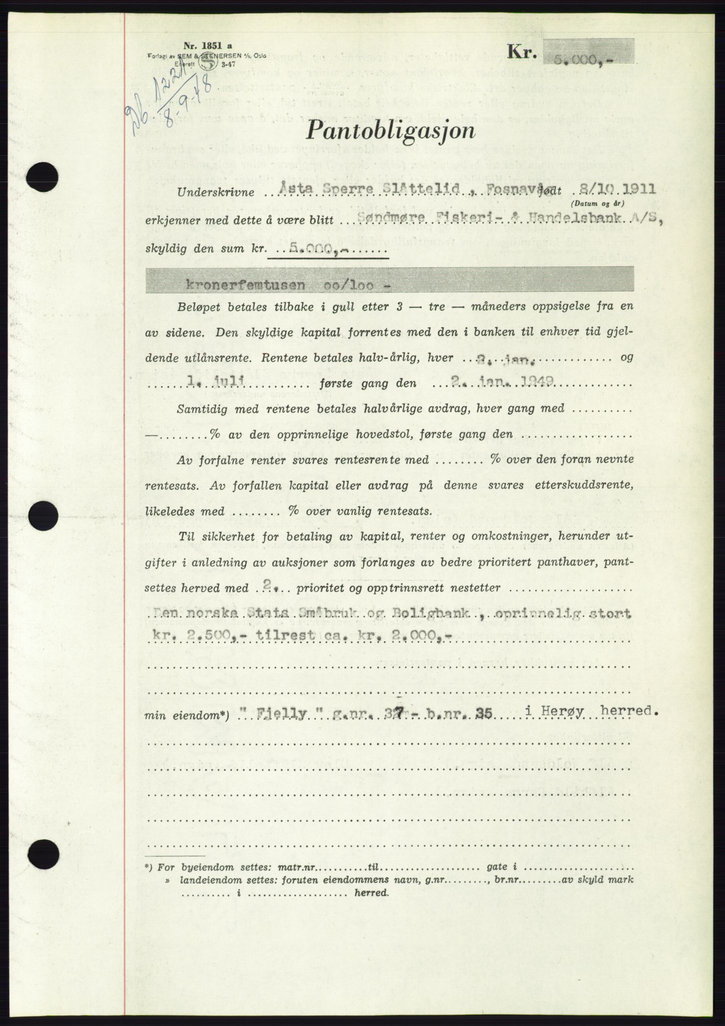Søre Sunnmøre sorenskriveri, AV/SAT-A-4122/1/2/2C/L0116: Mortgage book no. 4B, 1948-1949, Diary no: : 1221/1948