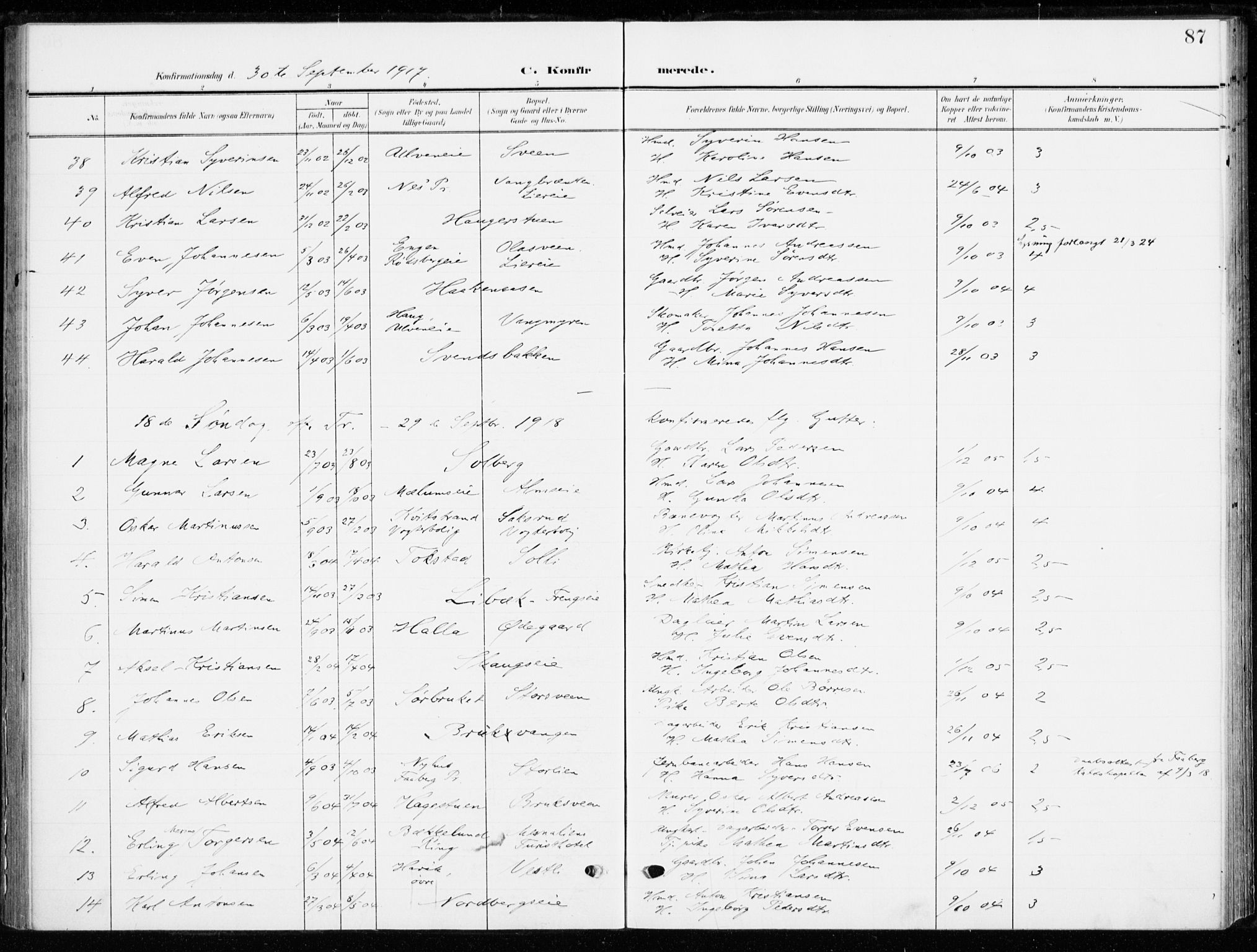 Ringsaker prestekontor, AV/SAH-PREST-014/K/Ka/L0021: Parish register (official) no. 21, 1905-1920, p. 87