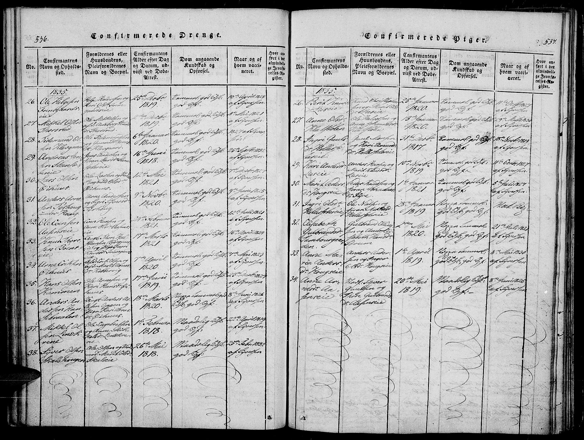 Sør-Aurdal prestekontor, SAH/PREST-128/H/Ha/Haa/L0003: Parish register (official) no. 3, 1825-1840, p. 536-537