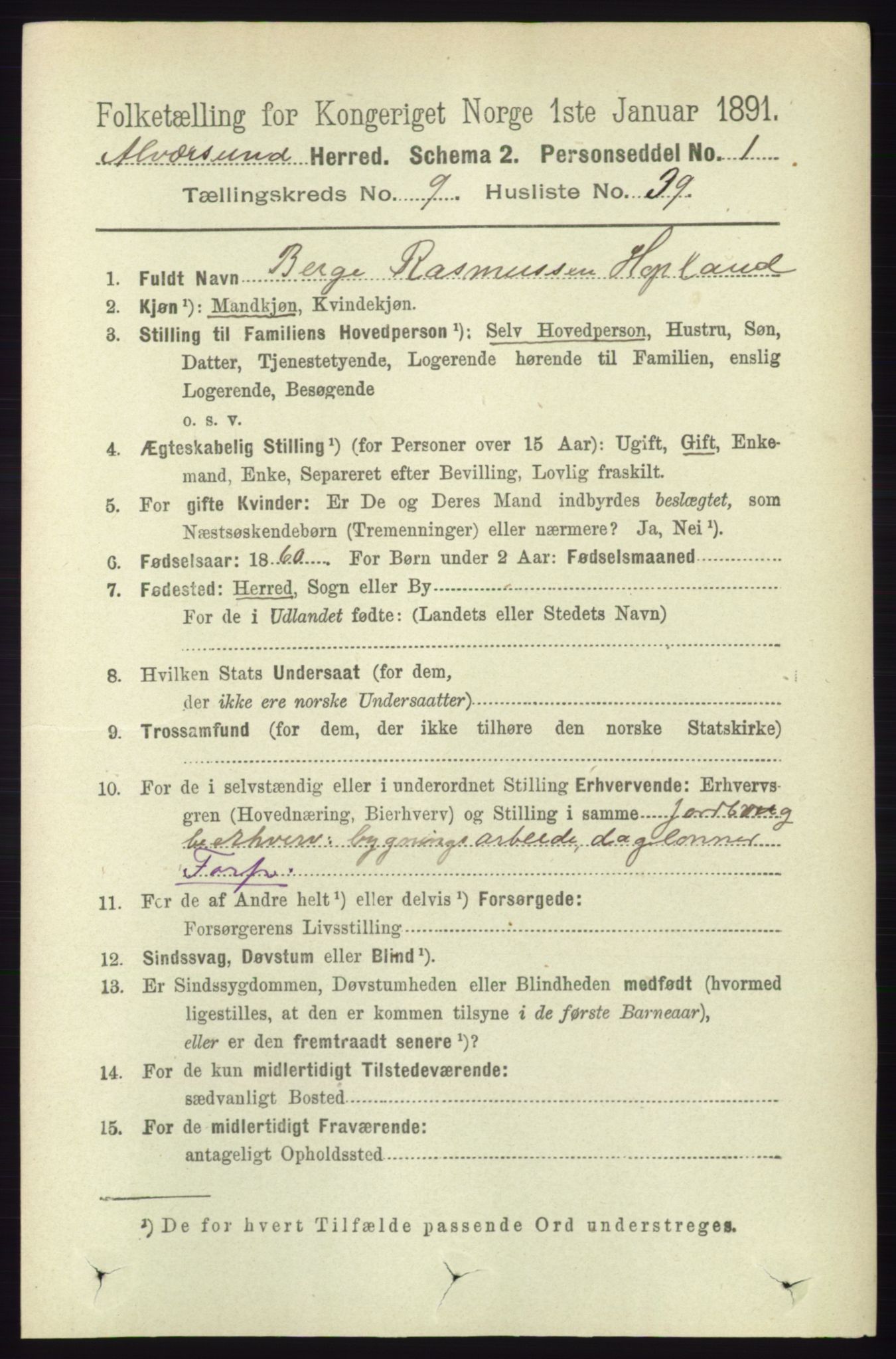 RA, 1891 census for 1257 Alversund, 1891, p. 3354