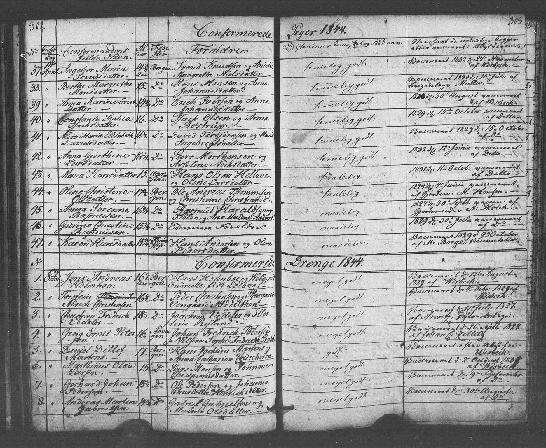 Domkirken sokneprestembete, SAB/A-74801/H/Haa/L0063: Curate's parish register no. A 1, 1821-1848, p. 302-303